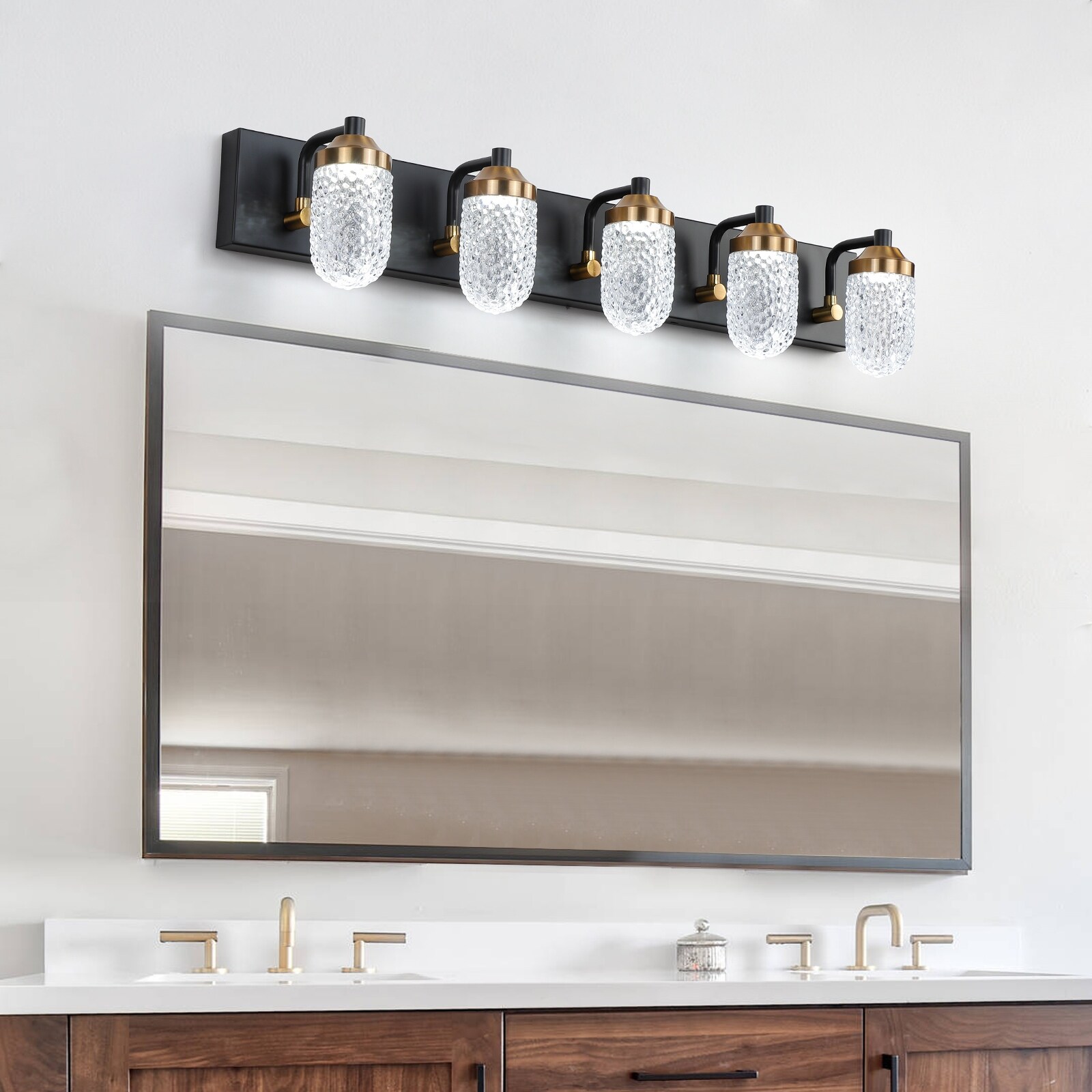 Oaks Aura 5-Light Crystal Vanity Lights for Bathroom， Black Gold Vintage Vanity Light LED Bathroom Wall Light Fixture - Mycitystee