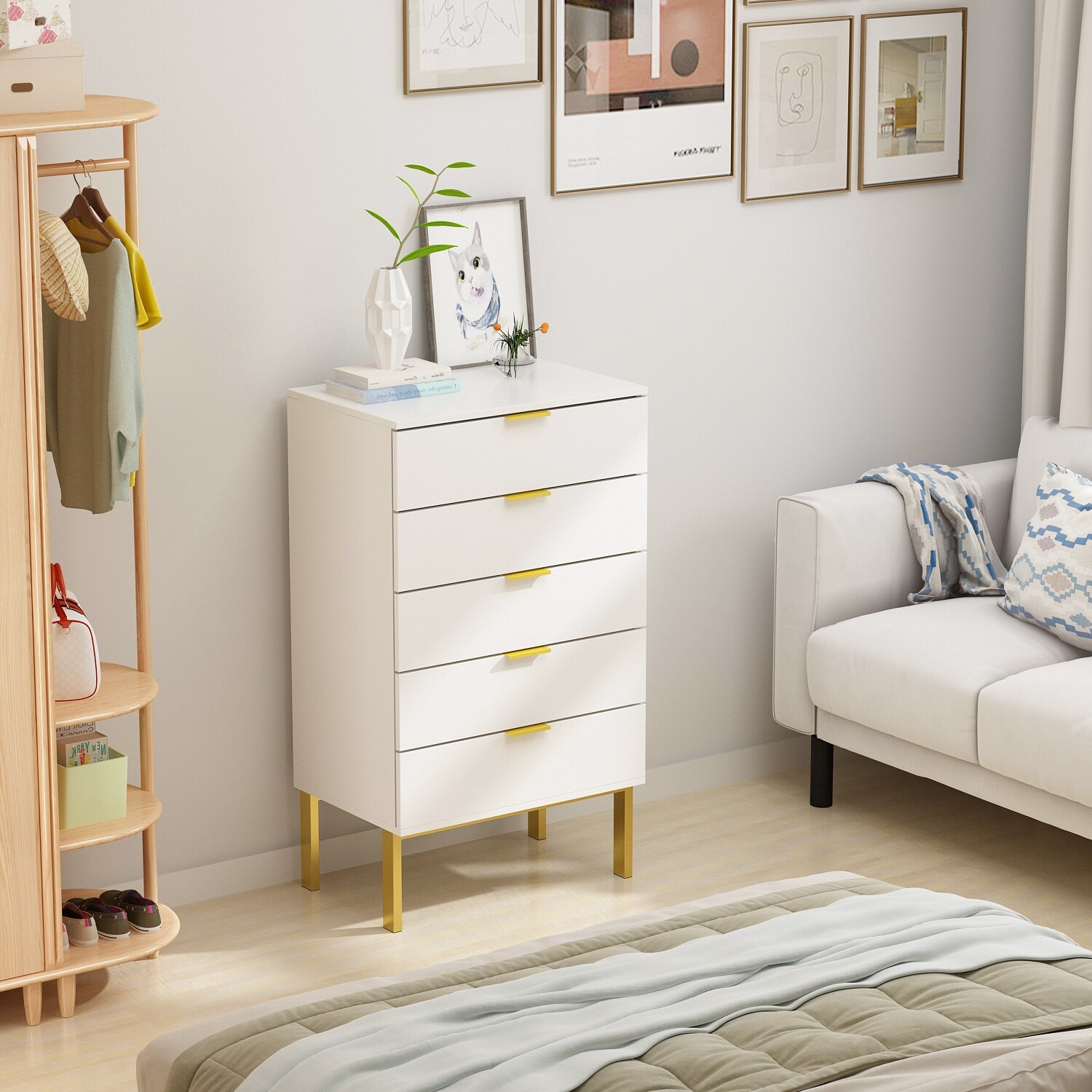 5 Drawer Dresser Chest of Drawers with Metal Leg Wood Dresser Storage - - 36406536 - Mycitystee