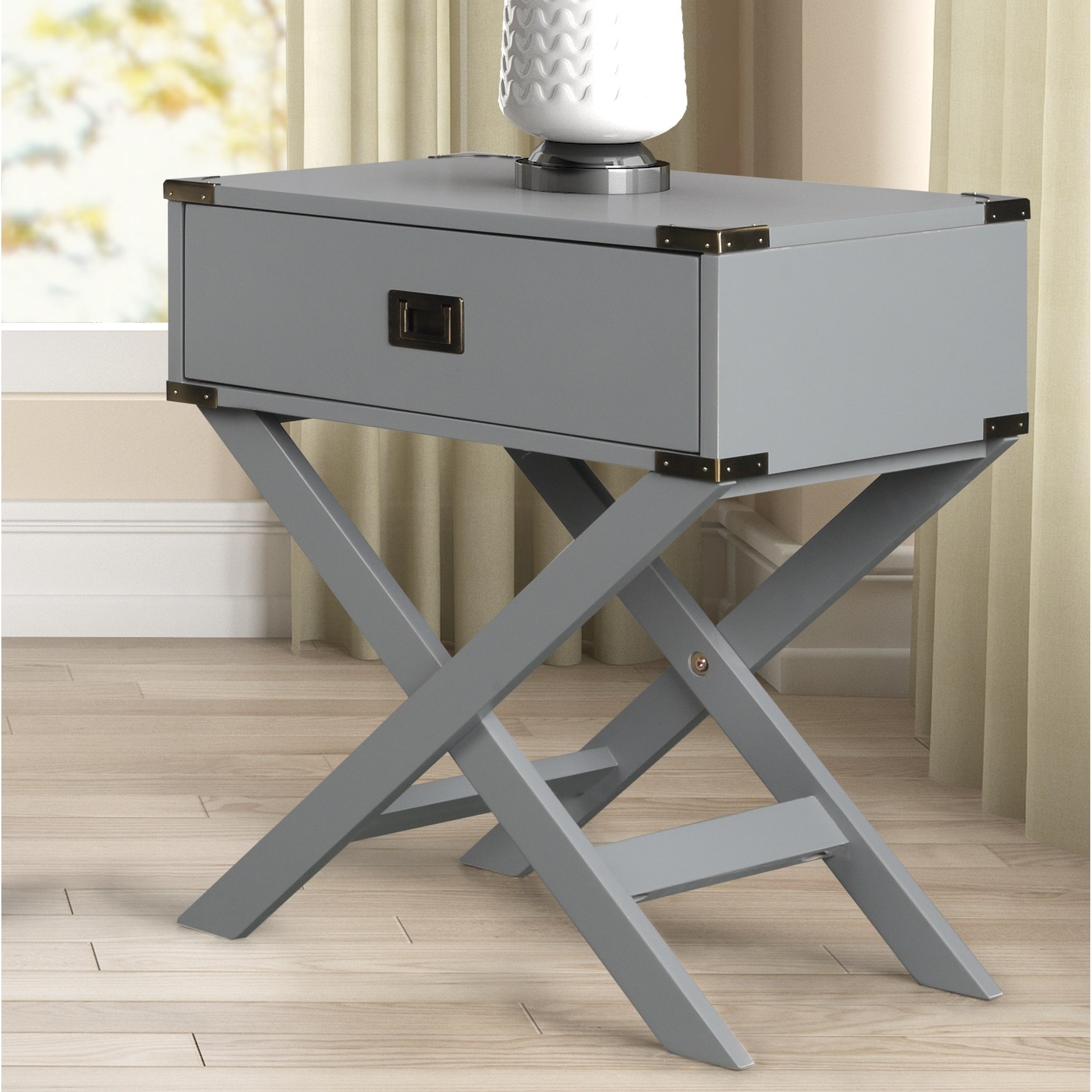 Roundhill Furniture Trava X-Cross Base Wood End Table with Drawer - Mycitystee