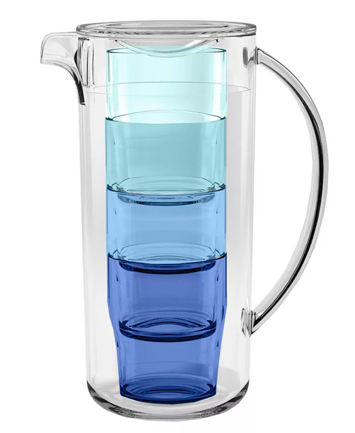 TarHong Simple Stacked Nested Pitcher Set with 4 Assorted Color Glasses， 91 oz.， Premium Plastic， 5 Piece Set - Mycitystee