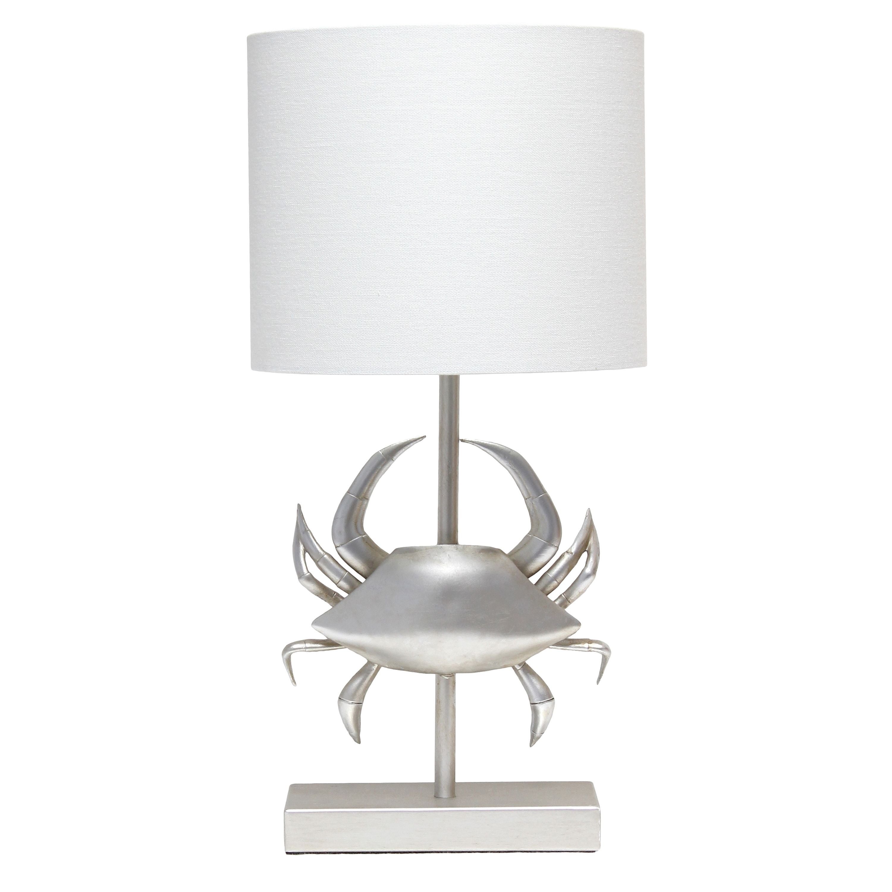 Simple Designs Coastal Brushed Nickel and Polyresin Pinching Crab Shaped Bedside Table Desk Lamp with White Fabric Drum Shade - Mycitystee