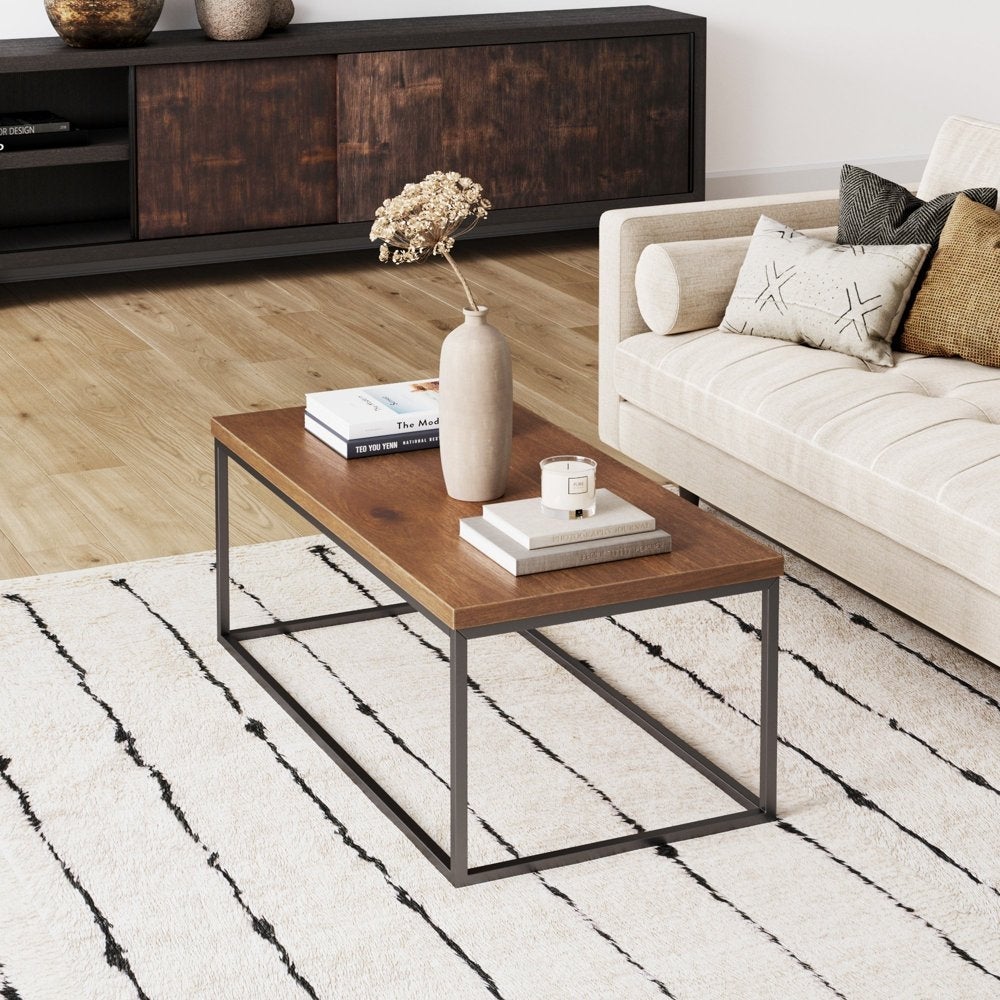 Modern Industrial Wood Coffee Table with Black Metal Box Frame and Dark Walnut Finish - Mycitystee
