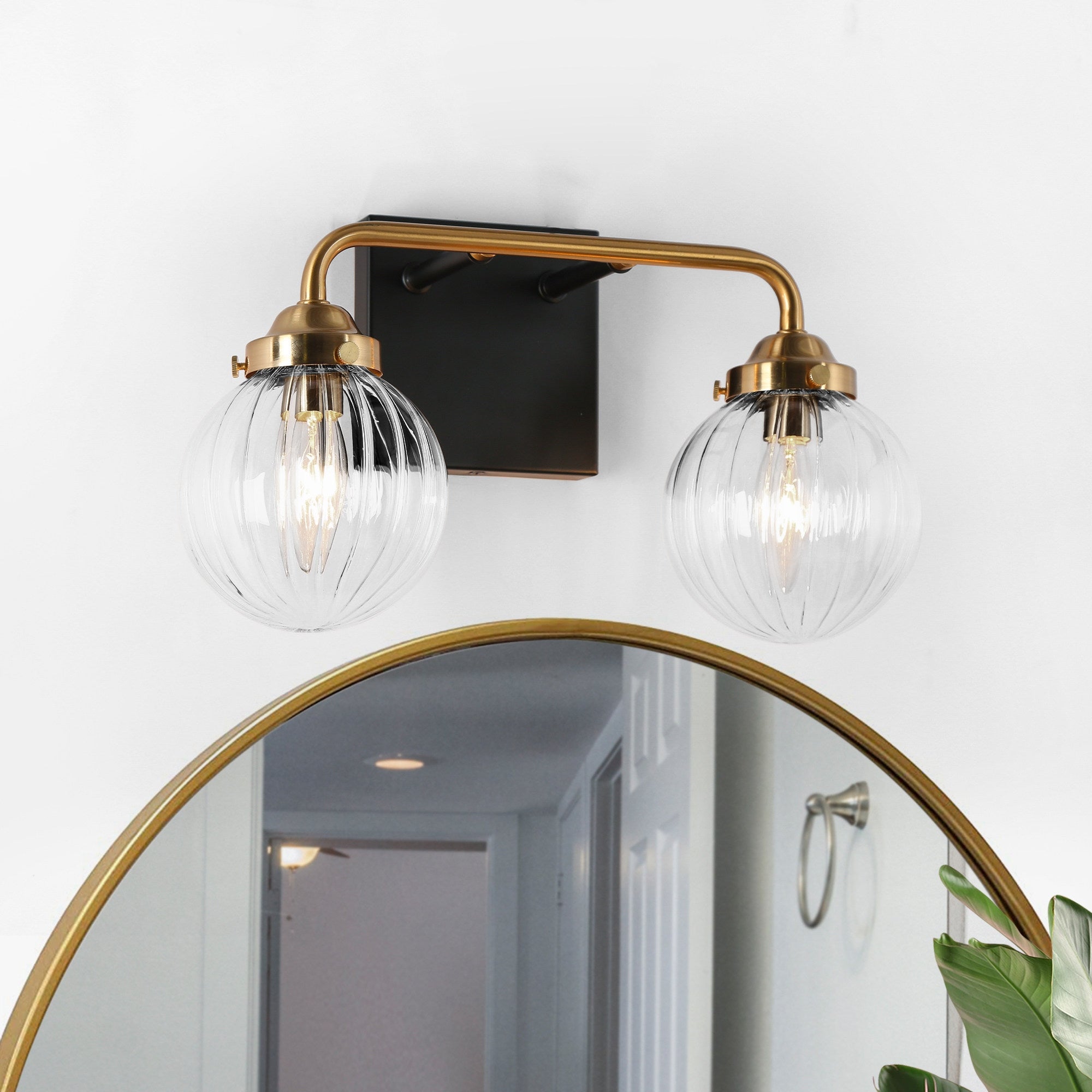 Modern 2-Light Black Gold Bathroom Vanity Light Ribbed Glass Wall Sconce - L 14