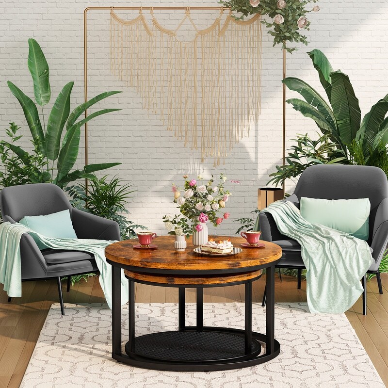 Stylish Round Coffee Table Set Nesting Coffee Tables with Metal Frame and 1 Metal Mesh Shelf (Set of 2) - Mycitystee
