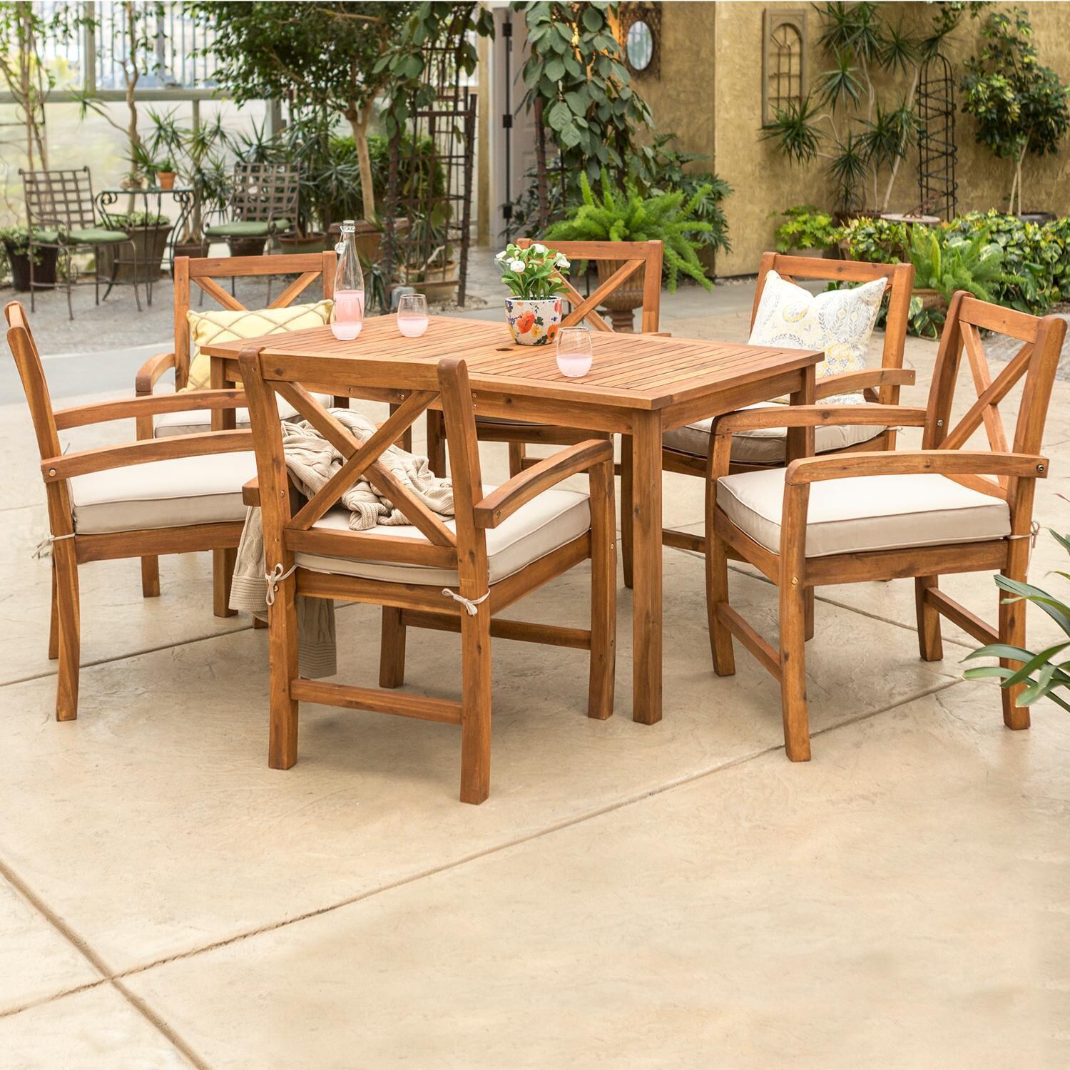 Ultimate Patio Camille Way 7 Piece Acacia Patio Dining Set W/ 60 X 34 Inch Rectangular Table and Natural Cushions - Mycitystee