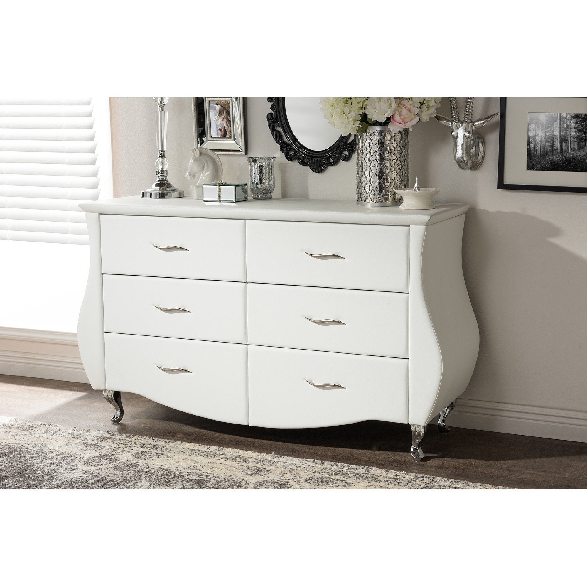 Contemporary White Faux Leather 6-Drawer Dresser - - 10603565 - Mycitystee