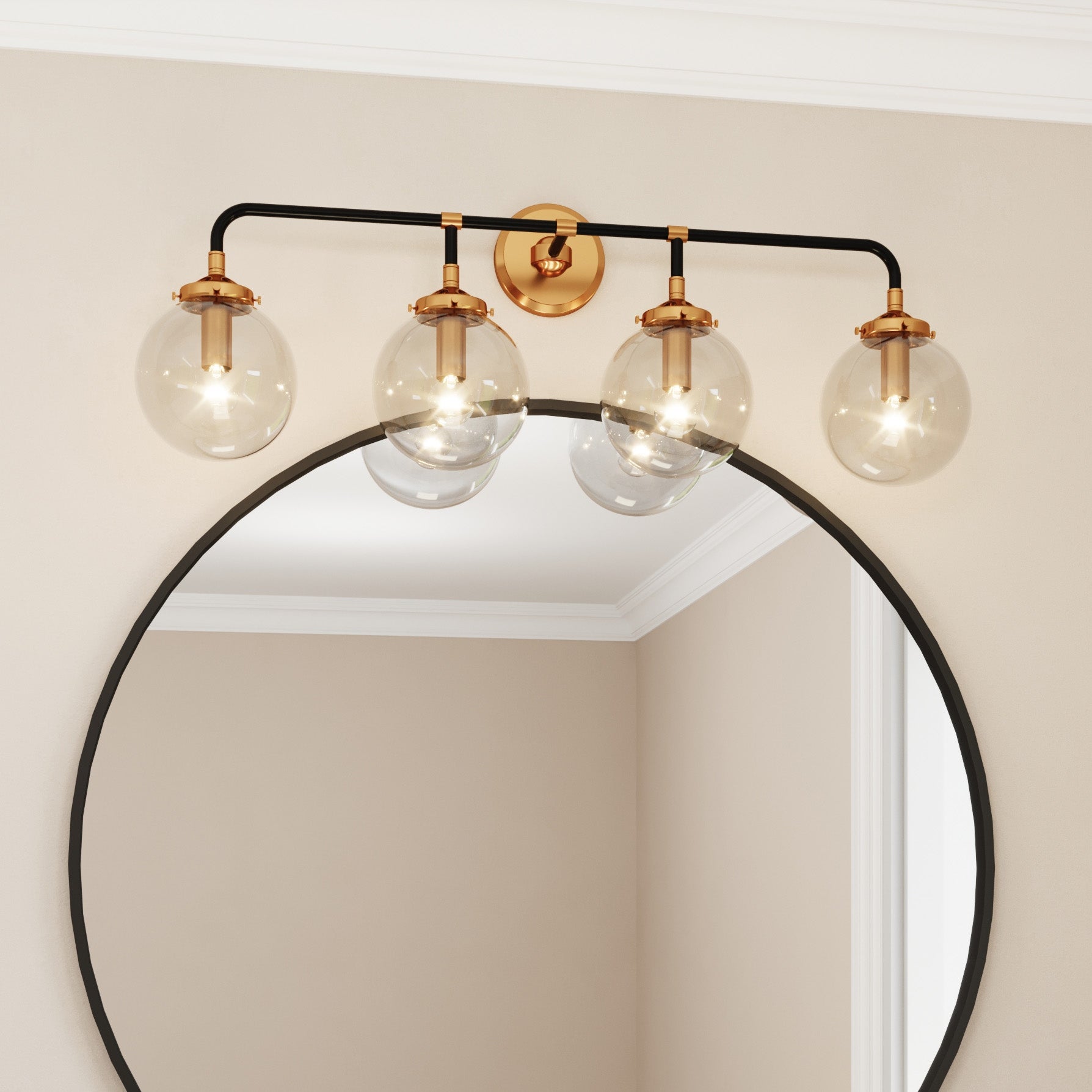 Everly 4-light Glass Globe Vanity Sconce， Black and Dark Gold - Mycitystee