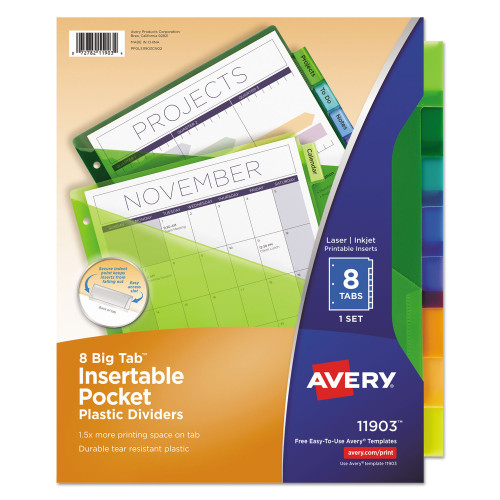 Avery Insertable Big Tab Plastic 1-Pocket Dividers， 8-Tab， 11.13 x 9.25， Assorted， 1 Set (11903) - Mycitystee