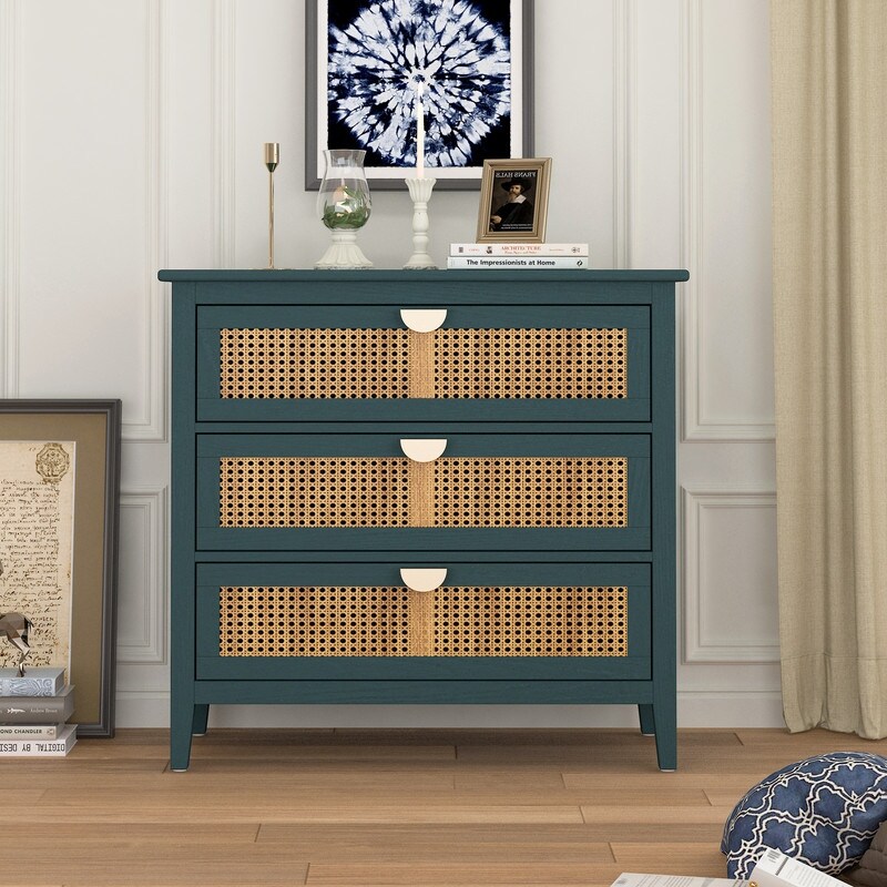 Natural Rattan 3-Drawer Cabinet，Wood Furniture Storage Chest - - 37842746 - Mycitystee
