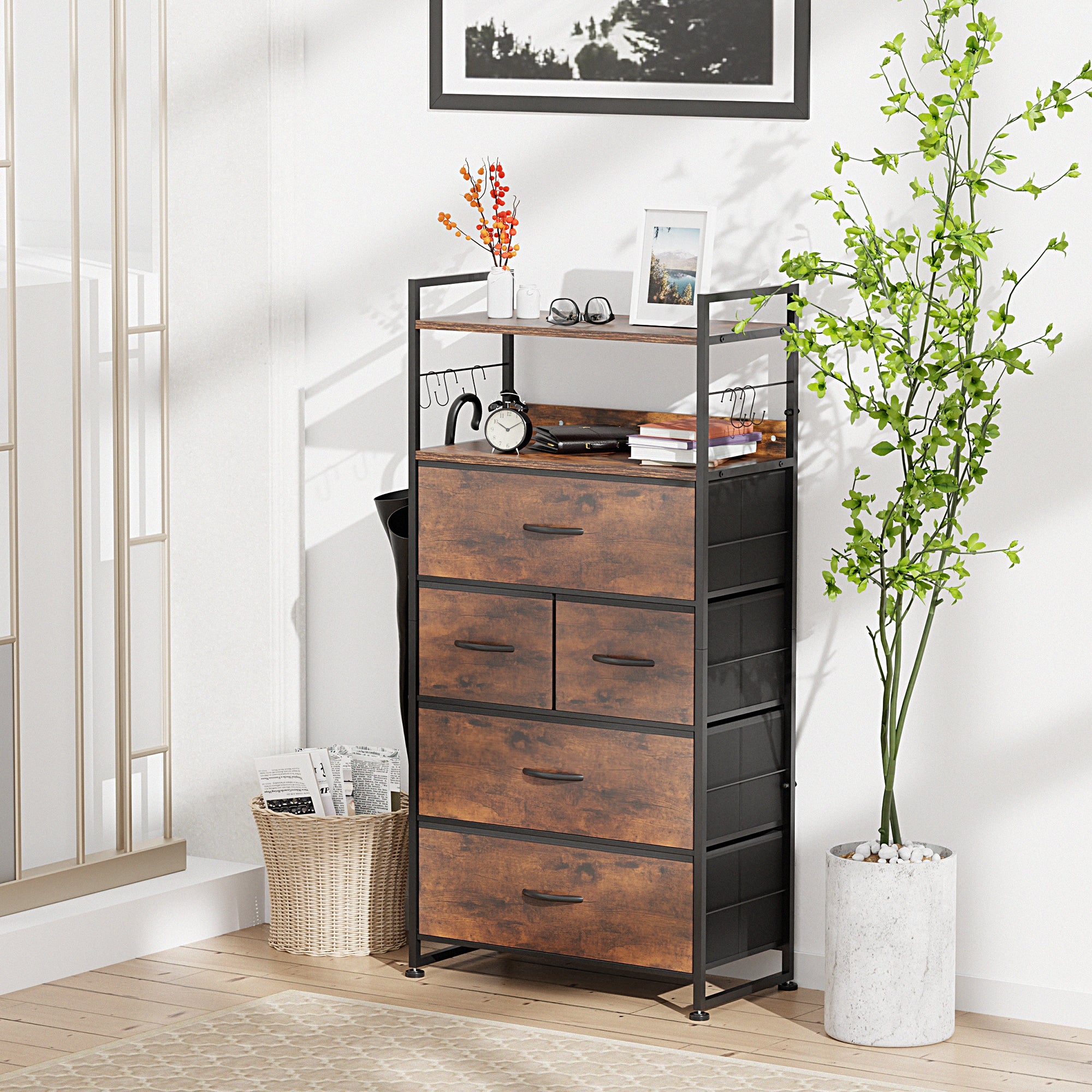 Dresser with 5 Drawers， Storage Tower Chest Dresser， Wood Top - - 36139749 - Mycitystee