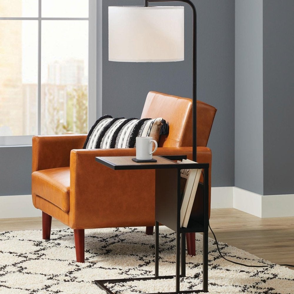 Brand Matte Black Floor Lamp with Magazine Rack - Metal Material - as picture - Mycitystee