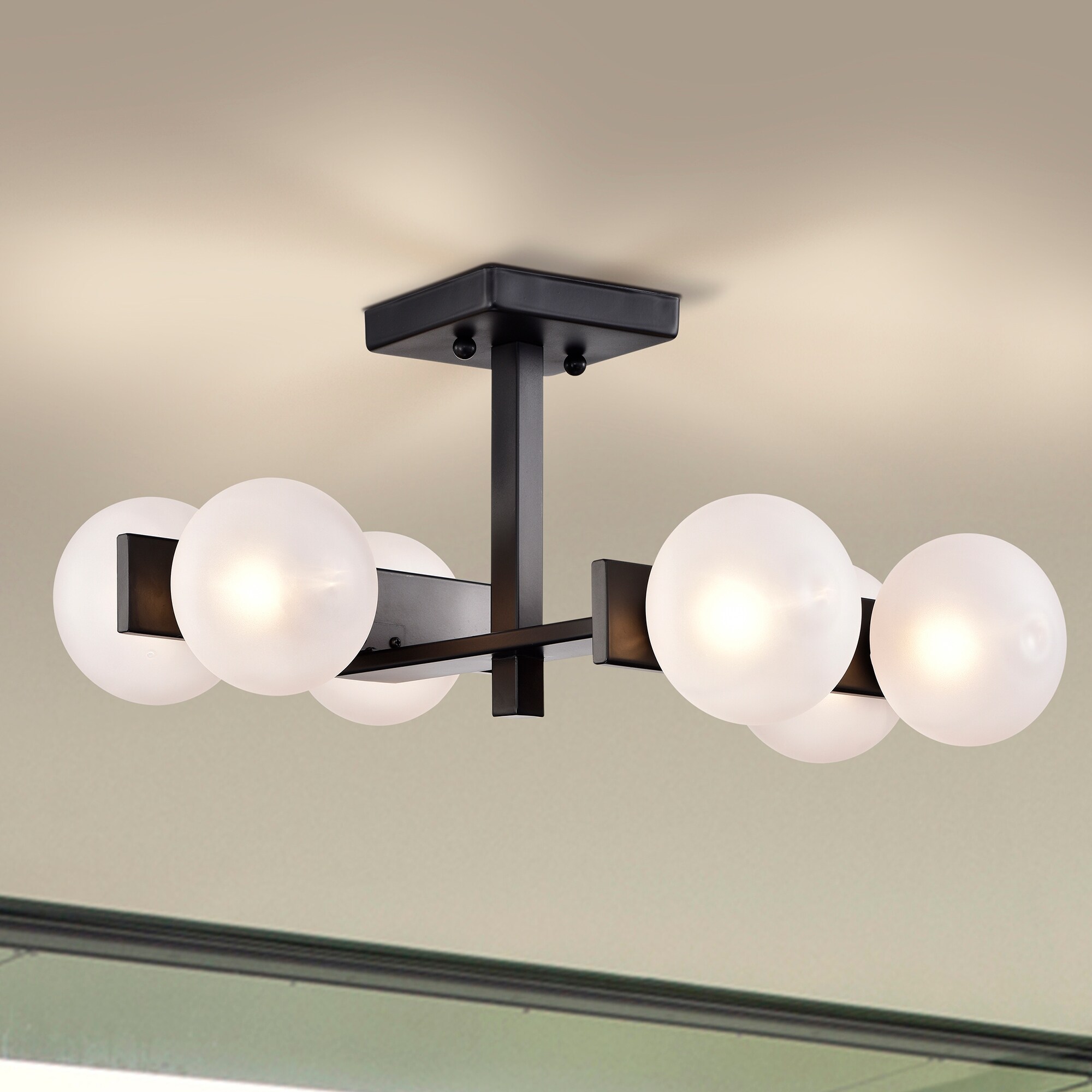 Carly Matte Black 6-Light Frosted Glass Globe Semi-Flush Mount - Mycitystee