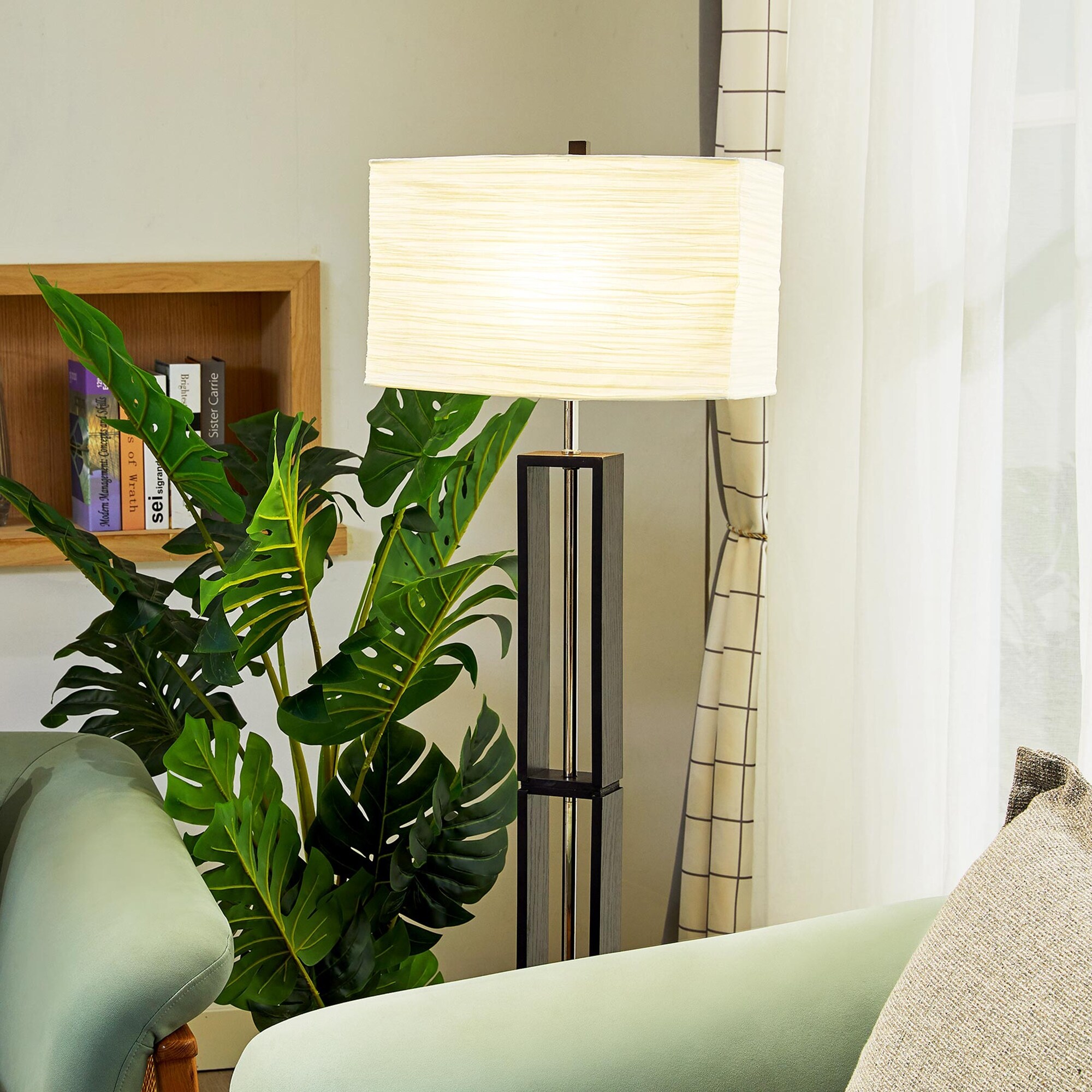 CO-Z 58'' Wood Standing Floor Lamp with Square Paper Shade - Rice Color - Mycitystee