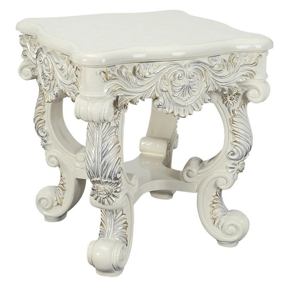 Ataa 28 Inch Square End Table， Ornate Floral Carvings， Claw Feet， White - 28 L x 28 W x 30 H Inches - Mycitystee