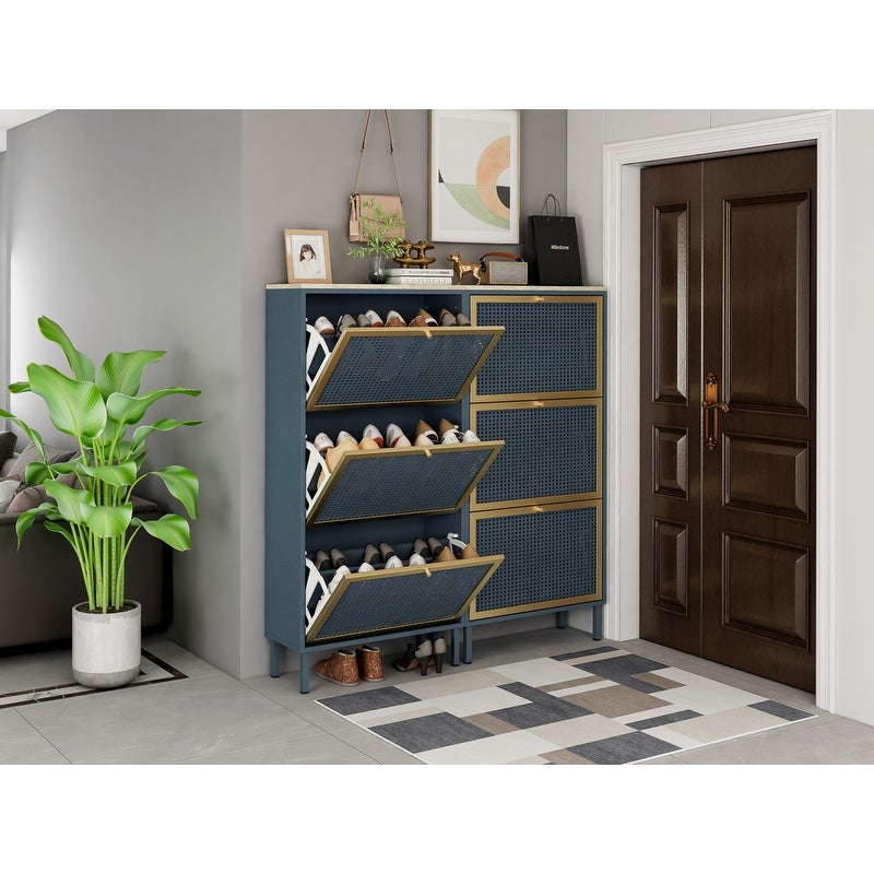 Blue Natural Rattan 3 Door Shoe Cabinet Shoe Rack - - 36574429 - Mycitystee