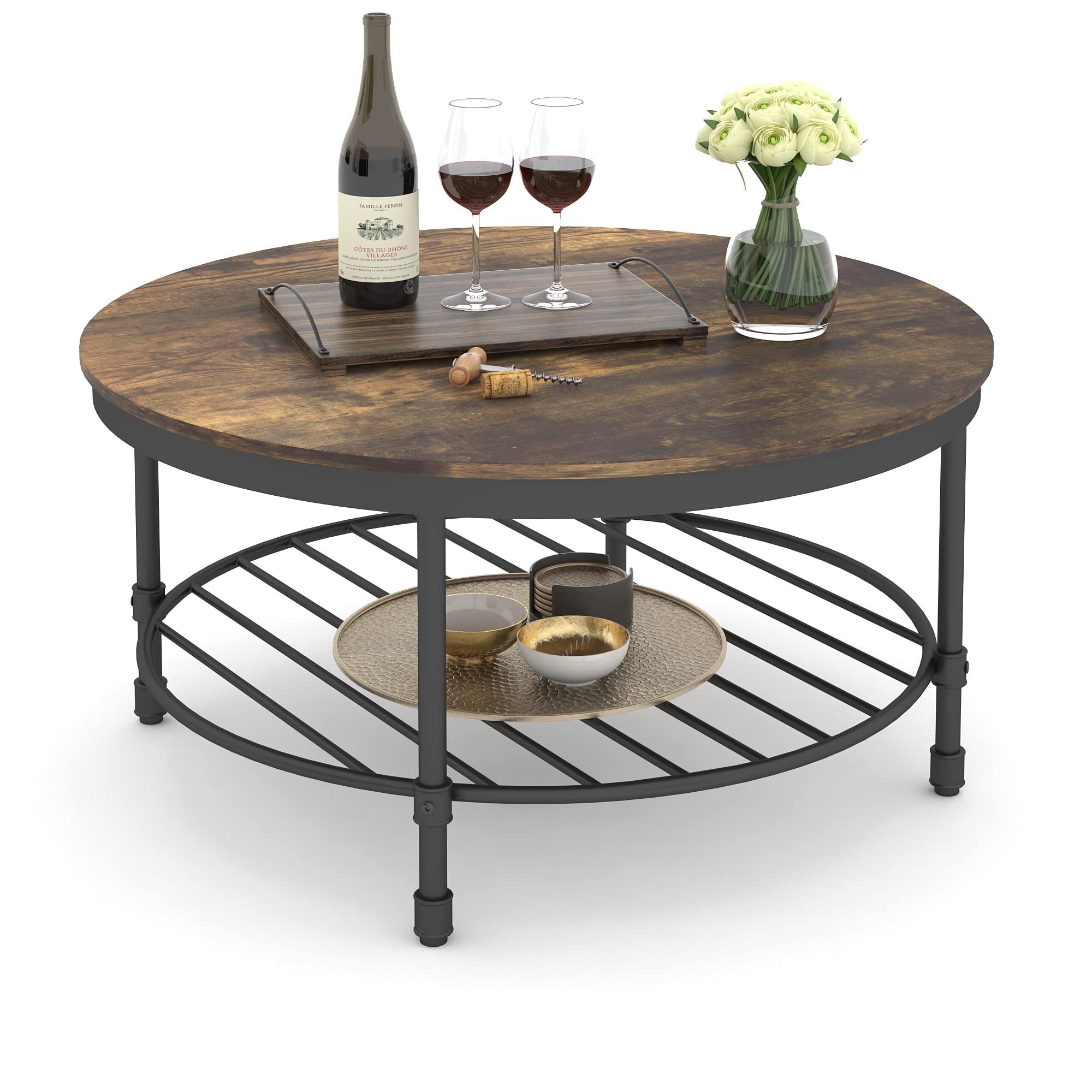 2-Tier Round Coffee Table， Industrial Coffee Table for Living Room， Wooden Tabletop Rustic Steel Accent Table - Mycitystee