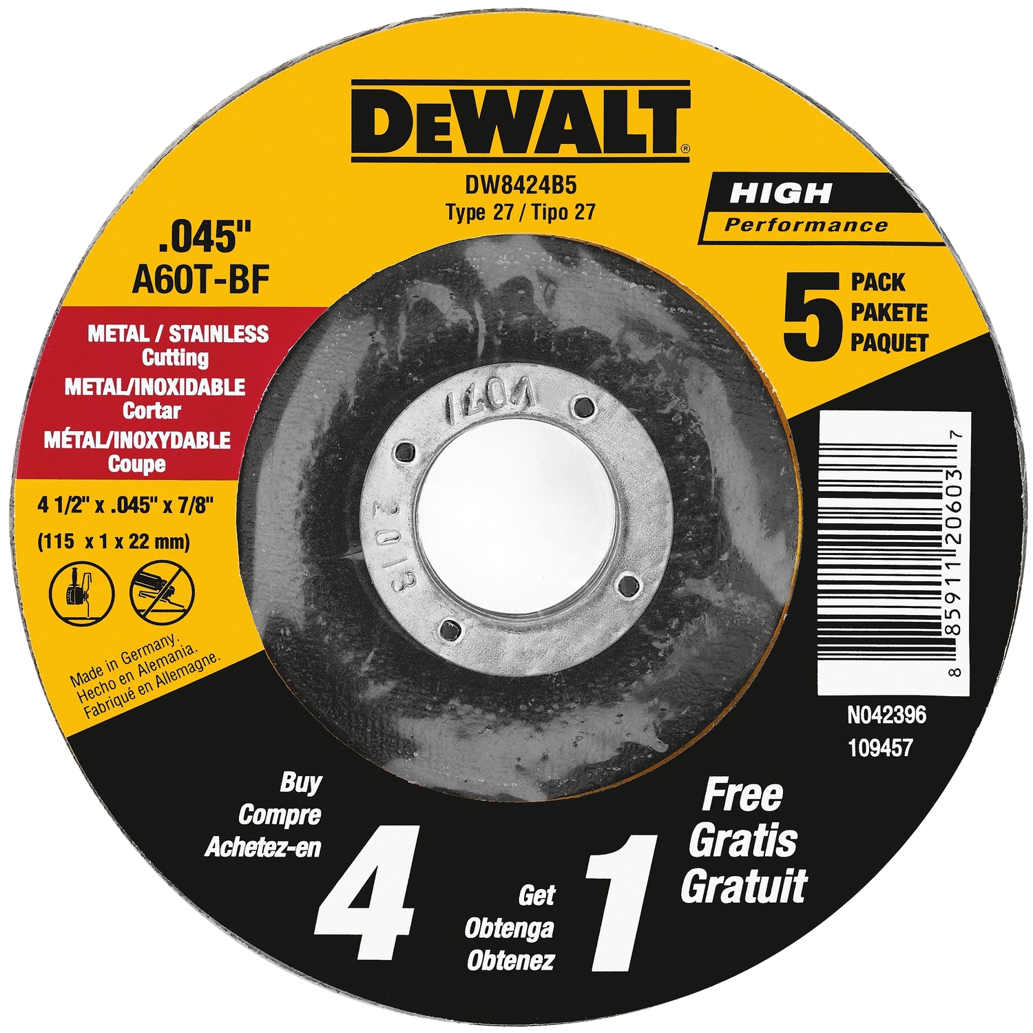 DeWalt 4-1/2 in. D X 7/8 in. Aluminum Oxide Cut-Off Wheel 5 pc - Mycitystee