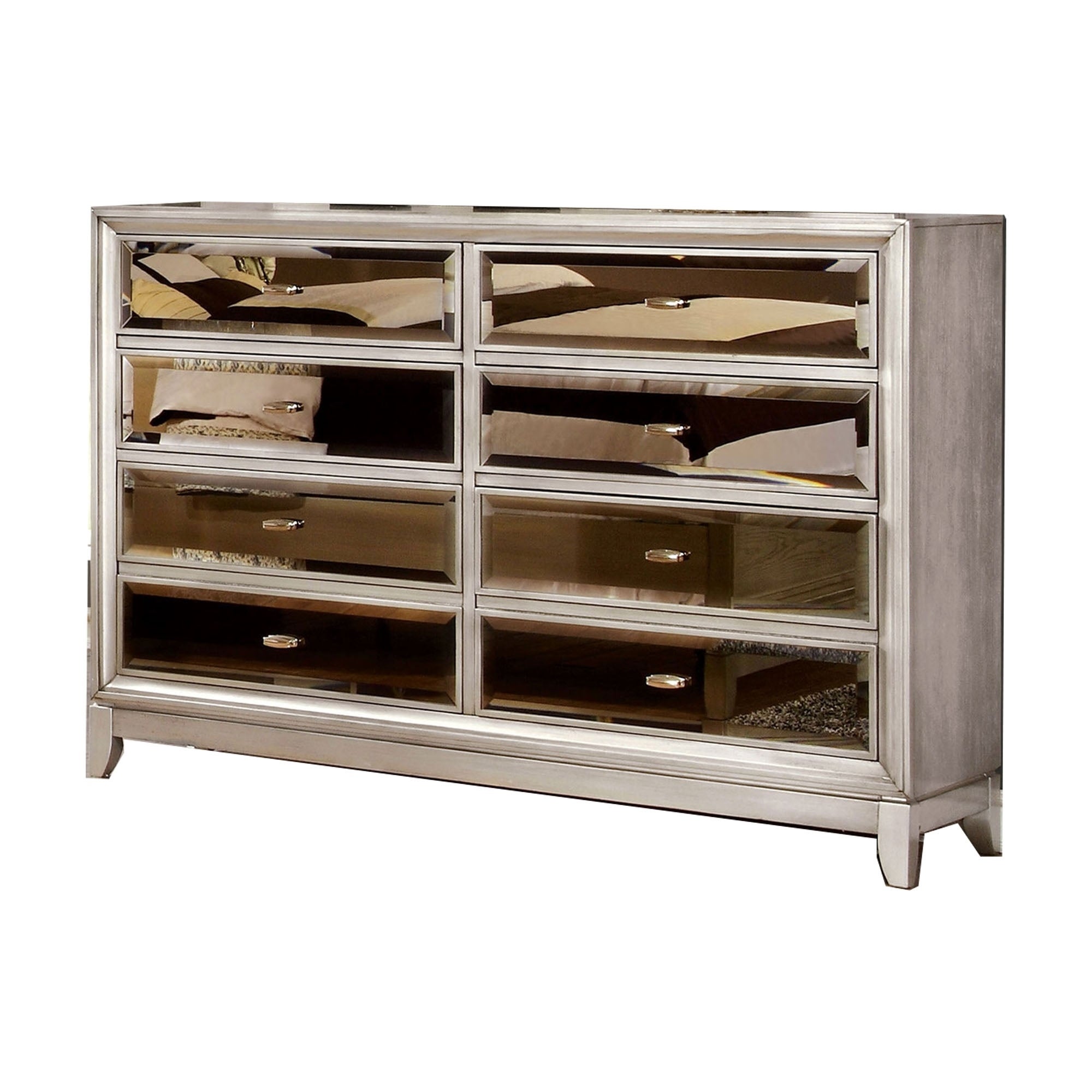 Wooden 8 Drawers Dresser with Beveled Mirror Panels， Silver and Gold - - 29800526 - Mycitystee