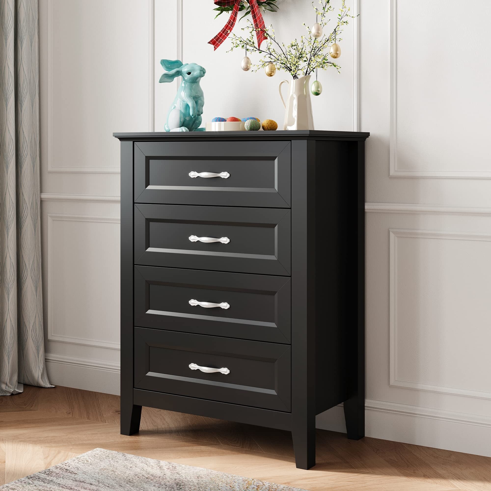 HOME Black Dresser for Bedroom， Chest of Drawers with Metal Handles， Tall Nightstand with 4 Drawers - as picture - - 37668689 - Mycitystee