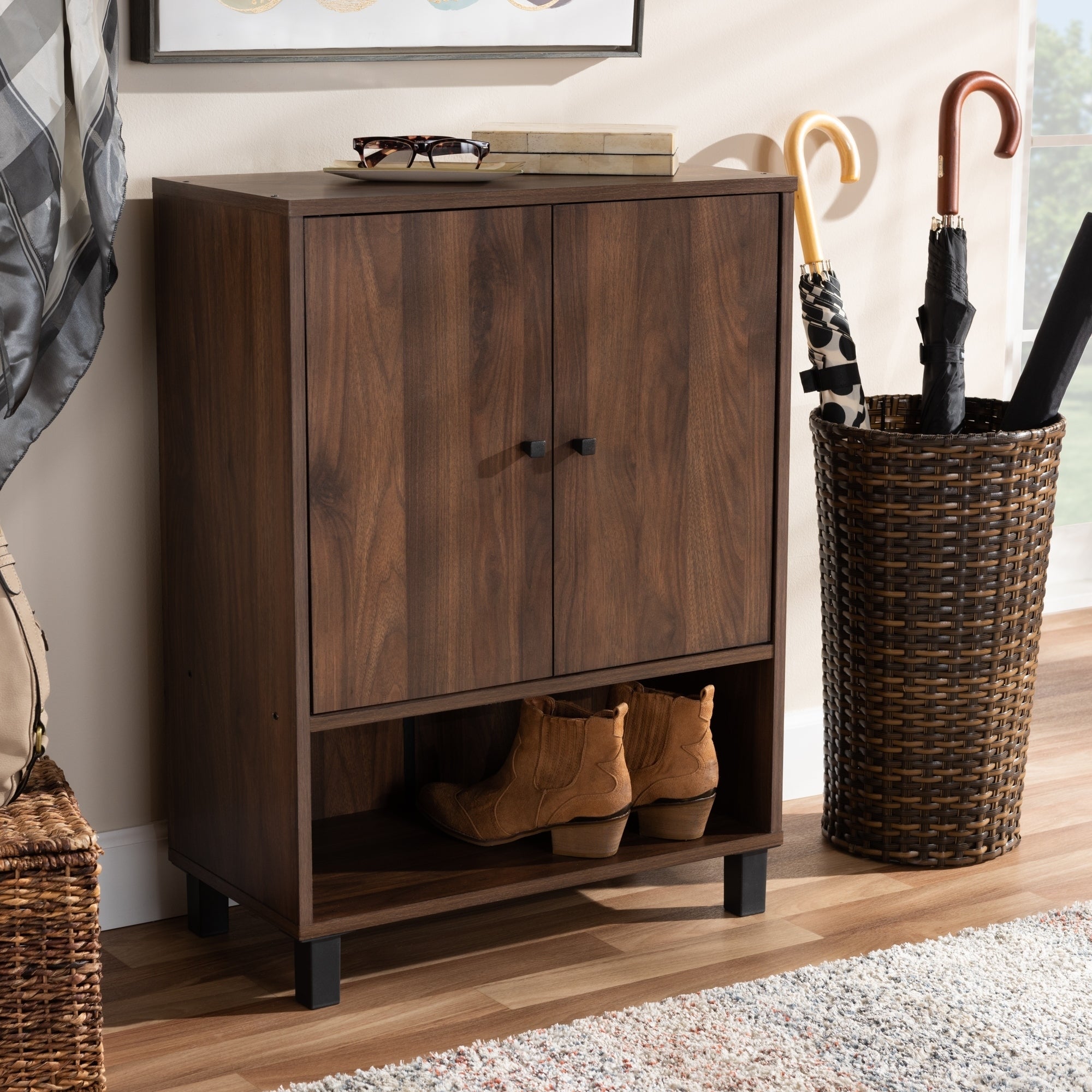 Modern and Contemporary Walnut Brown 2-Door Shoe Storage Cabinet - - 27147069 - Mycitystee