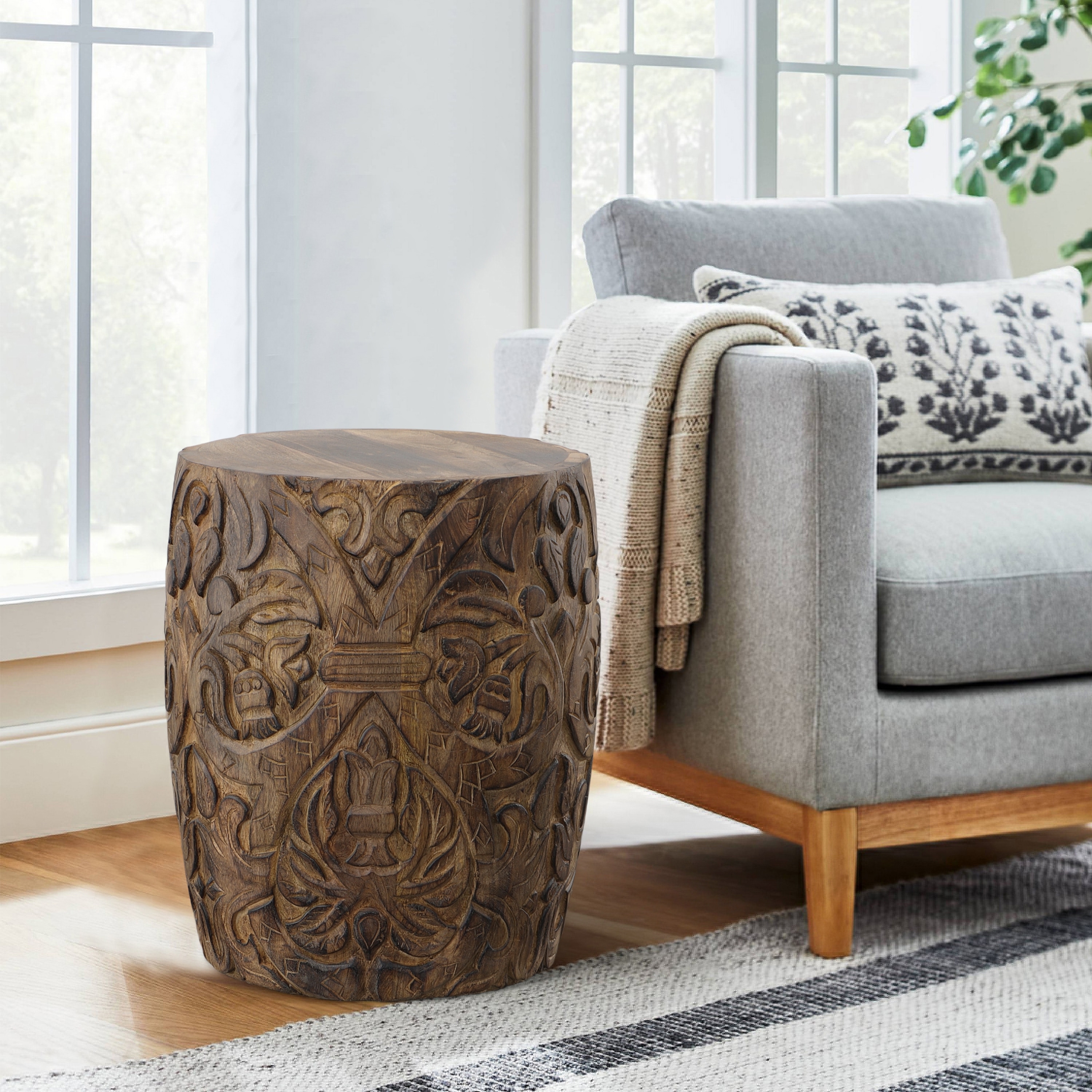 14 Inch Round End Table with Damask Carved Pattern and Wooden Frame， Walnut Brown - Mycitystee