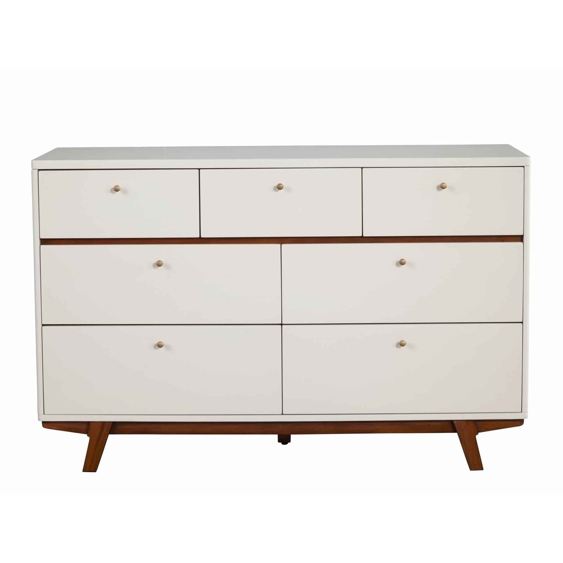 7 Drawer Wooden Dresser with Round Pulls and Angled Legs， White and Brown - - 31992903 - Mycitystee