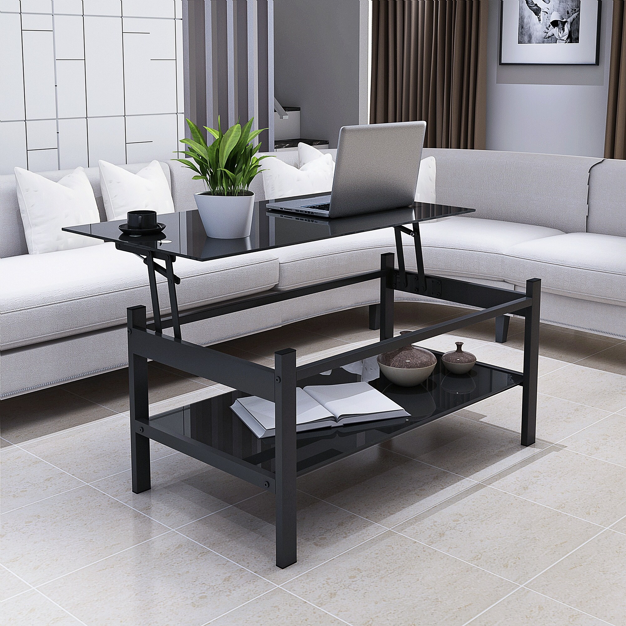 Glass Lift Top Coffee Table， Black - Mycitystee