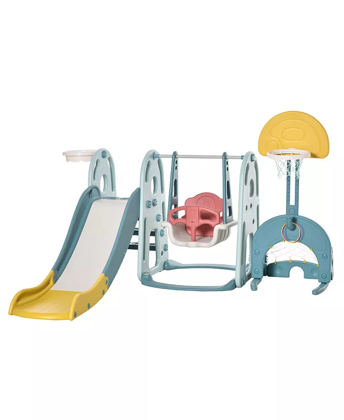 Qaba Multi-Activity Safe Baby Slide and Swing Set  w Basketball Net - Mycitystee