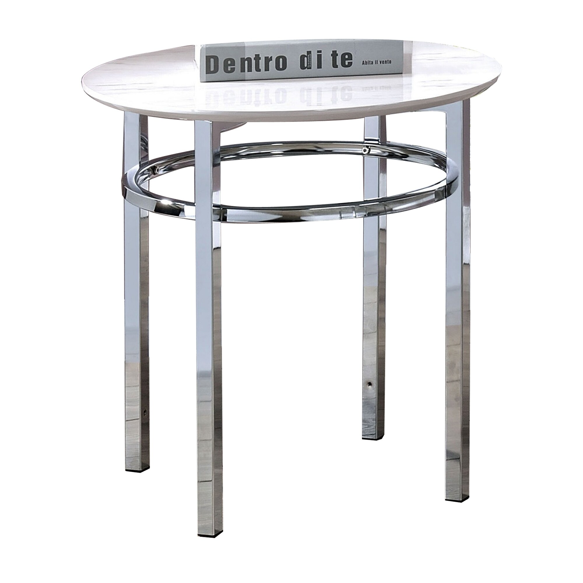 23 Inch Round Faux Marble Top End Table， White and Chrome - 23.5 H x 22 W x 22 L - Mycitystee