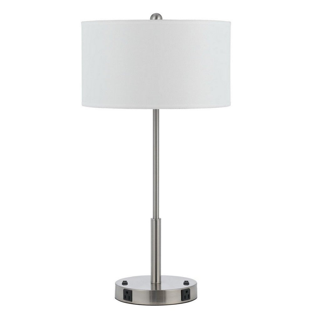 27 Inch Modern Table Lamp with Round Drum Shade， 2 Outlets， White， Chrome - 14L x 14W x 27H， in inches - Mycitystee