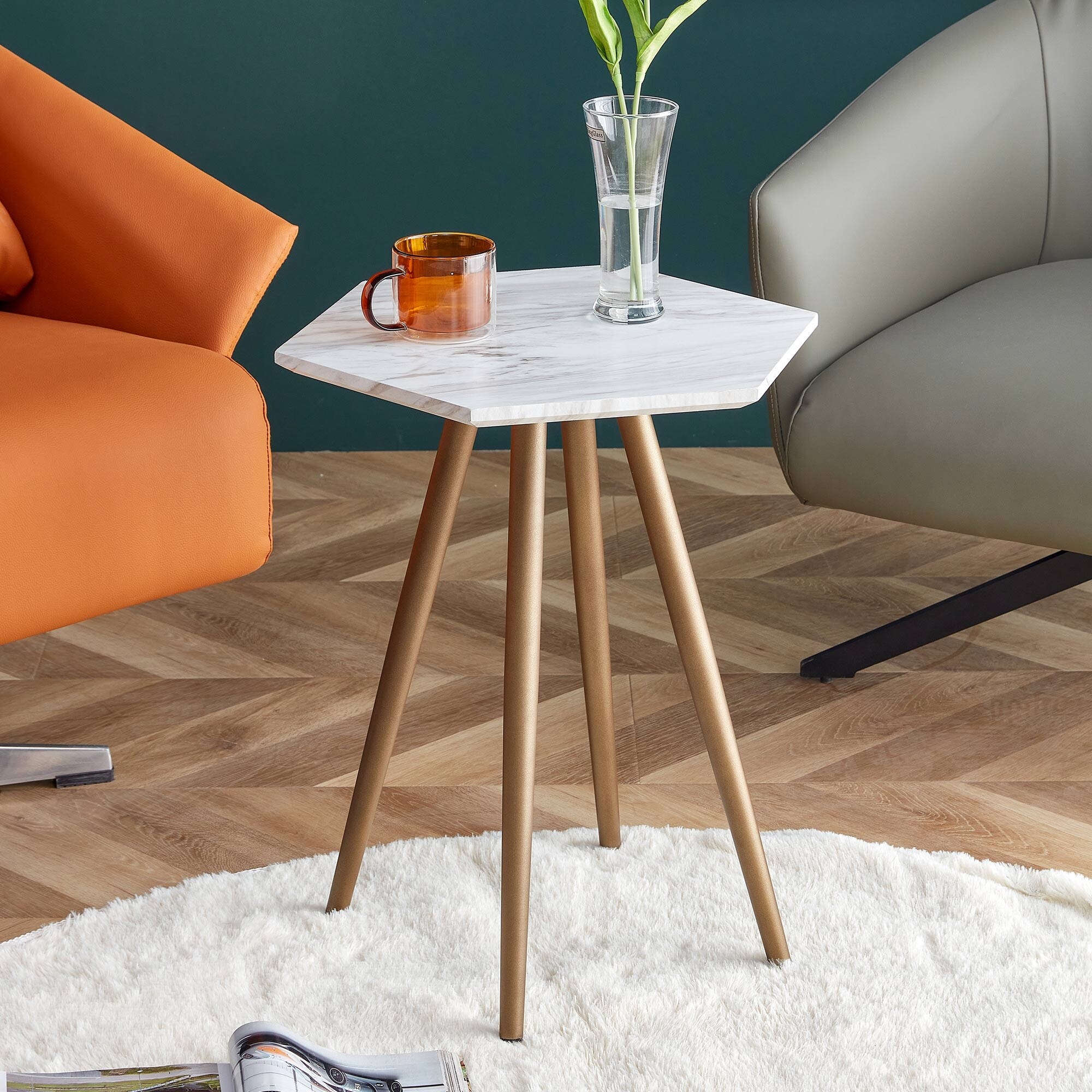 Modern Minimalism Faux Marble End Side Table Accent Coffee Table Hexagon Nightstand for Living Room Bedroom Small Space - Mycitystee