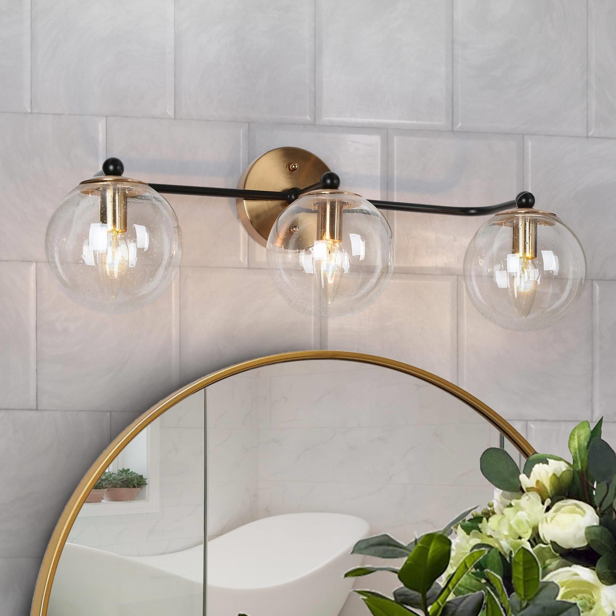 Modern Glam Black Gold 2/3/4 Light Bathroom Vanity Light Globe Seeded Glass Wall Sconces - Mycitystee