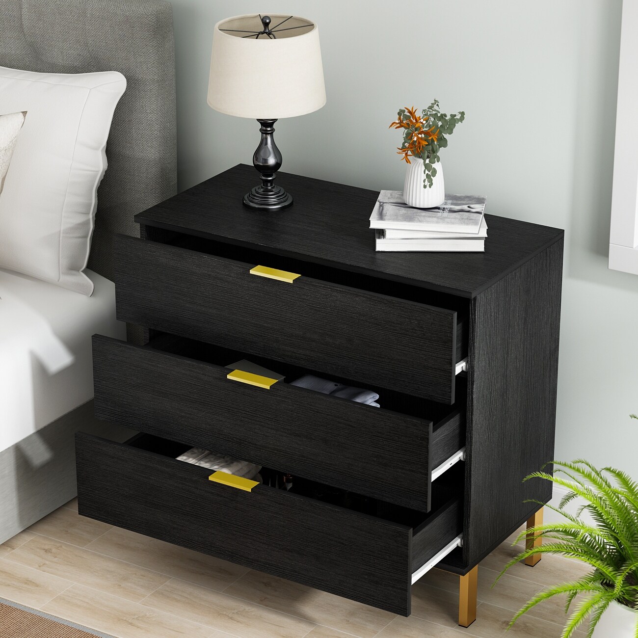 Wood 3-Drawer Dresser，Storage Night Stand，End Table，Golden Legs - - 35899961 - Mycitystee