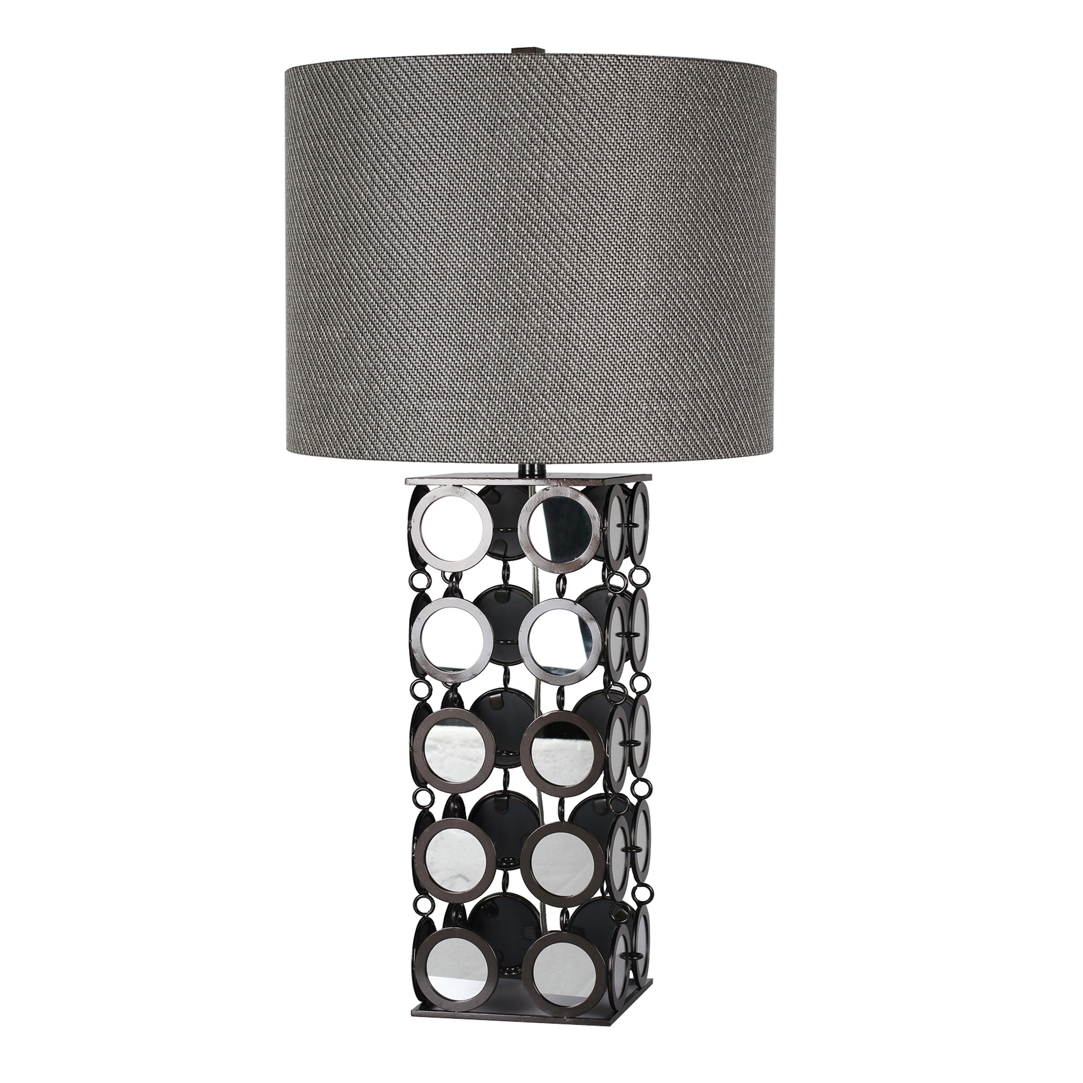 Harp and Finial Hyatt 1-light Plain Mirror and Hand Printed Gunmetal Table Lamp - Grey Hardback Fabric Shade - Mycitystee