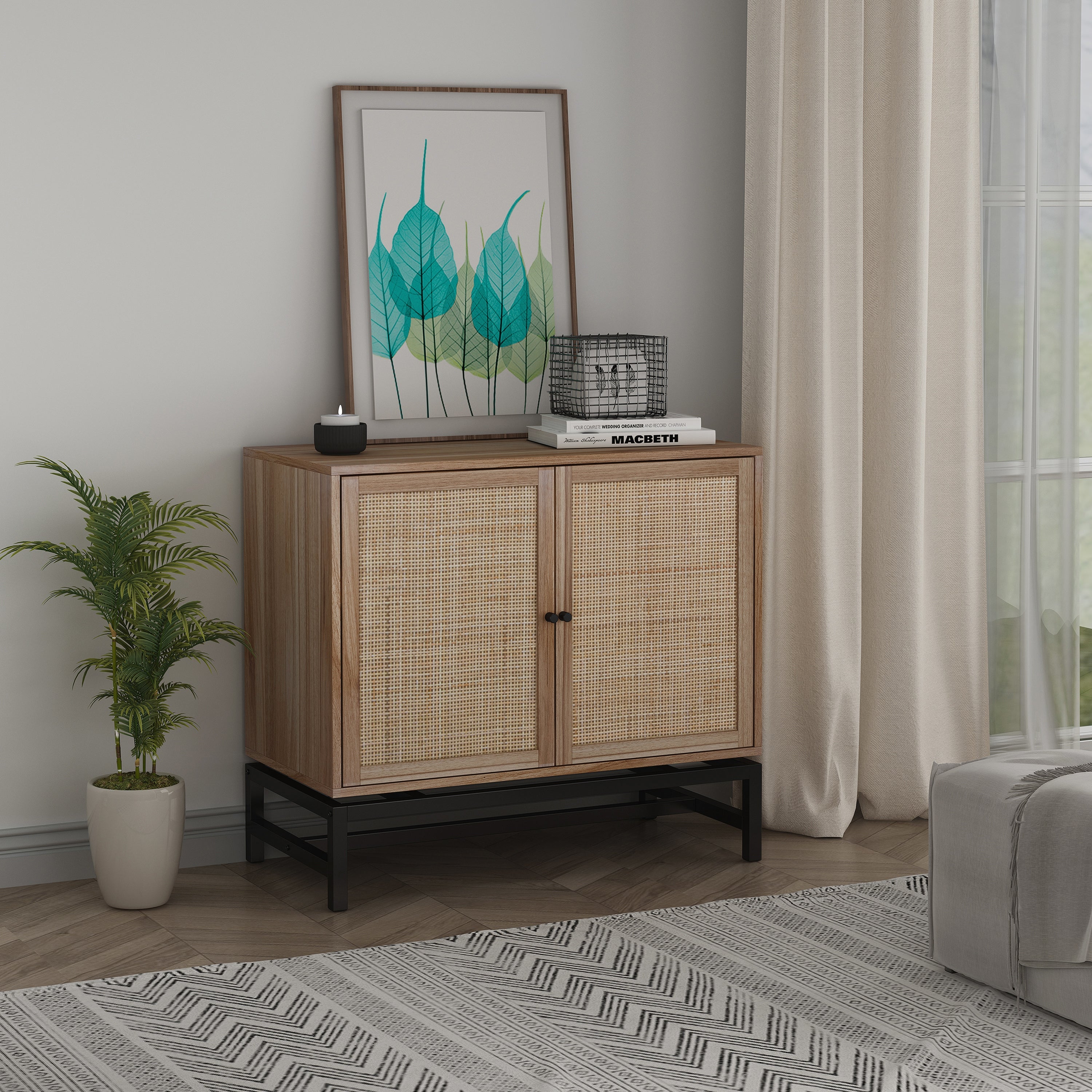 Natural Rattan 2 Doors Cabinet with 1 Adjustable Inner Shelves - - 35852875 - Mycitystee