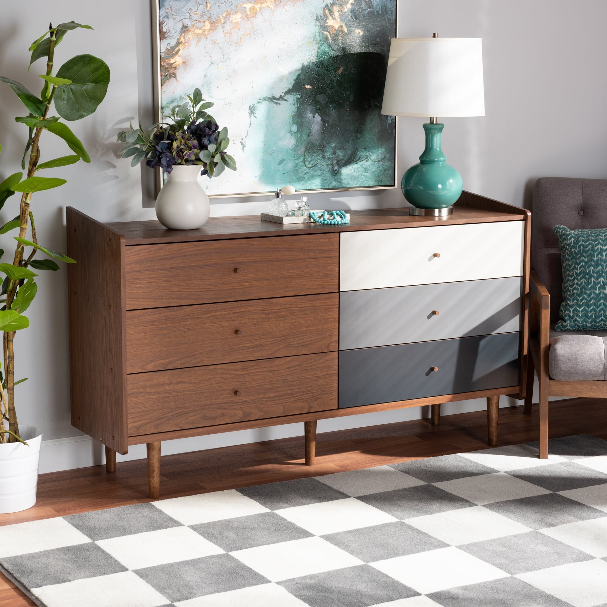 Halden Mid-Century Modern Multicolor Walnut Brown and Grey Gradient Finished Wood 6-Drawer Dresser - - 37263794 - Mycitystee