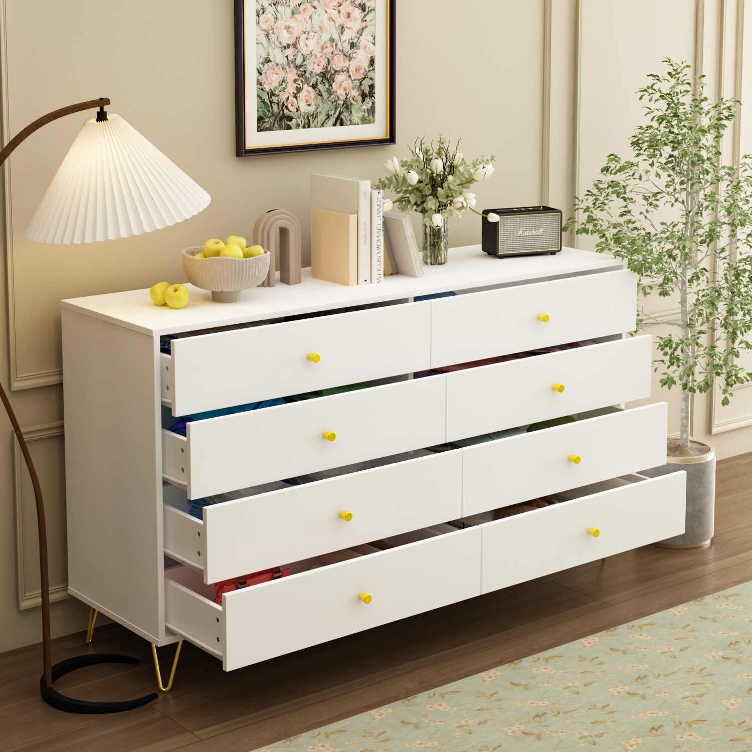 Kerrogee 55-inch 8 Drawers White Floor Double Dresser w/ Metal Feet - - 35491716 - Mycitystee