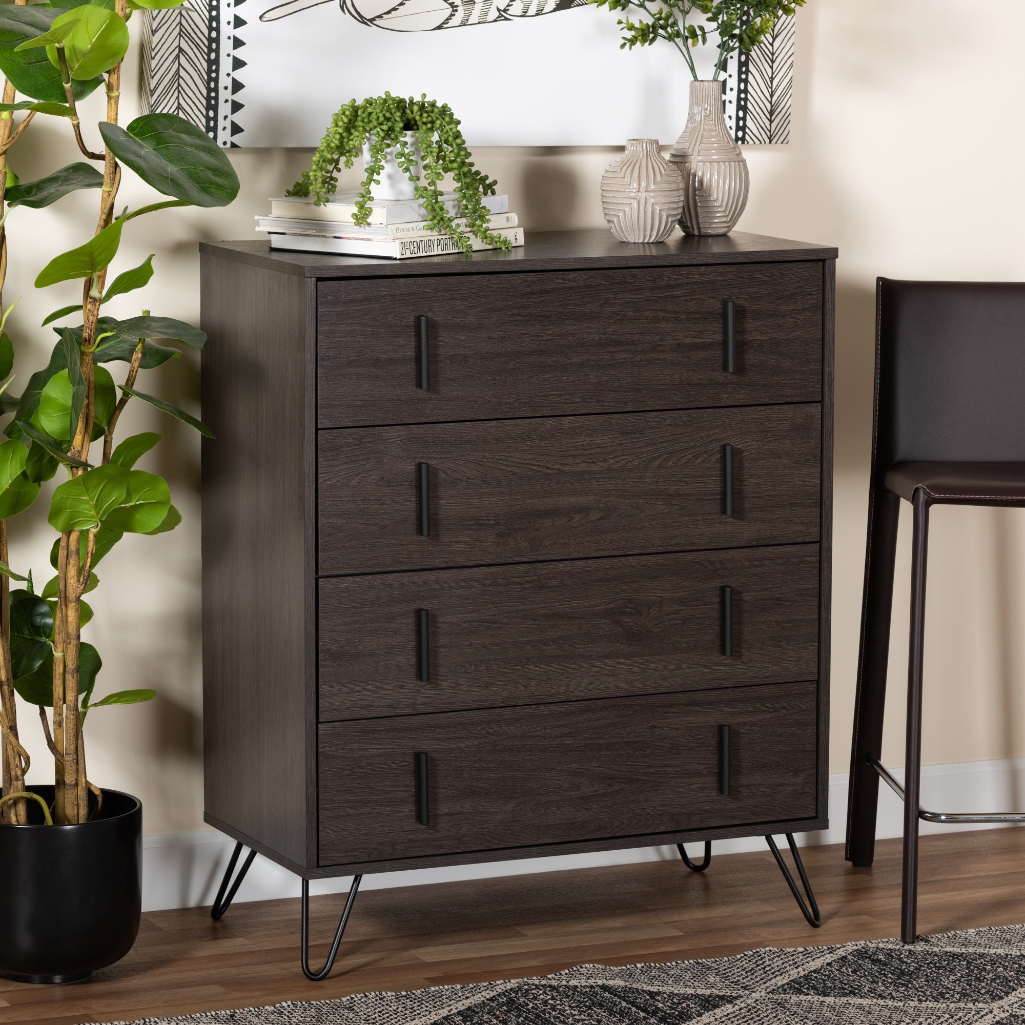 Baldor Dark Brown Wood and Rose Gold Metal 4-Drawer Bedroom Chest - - 32854449 - Mycitystee
