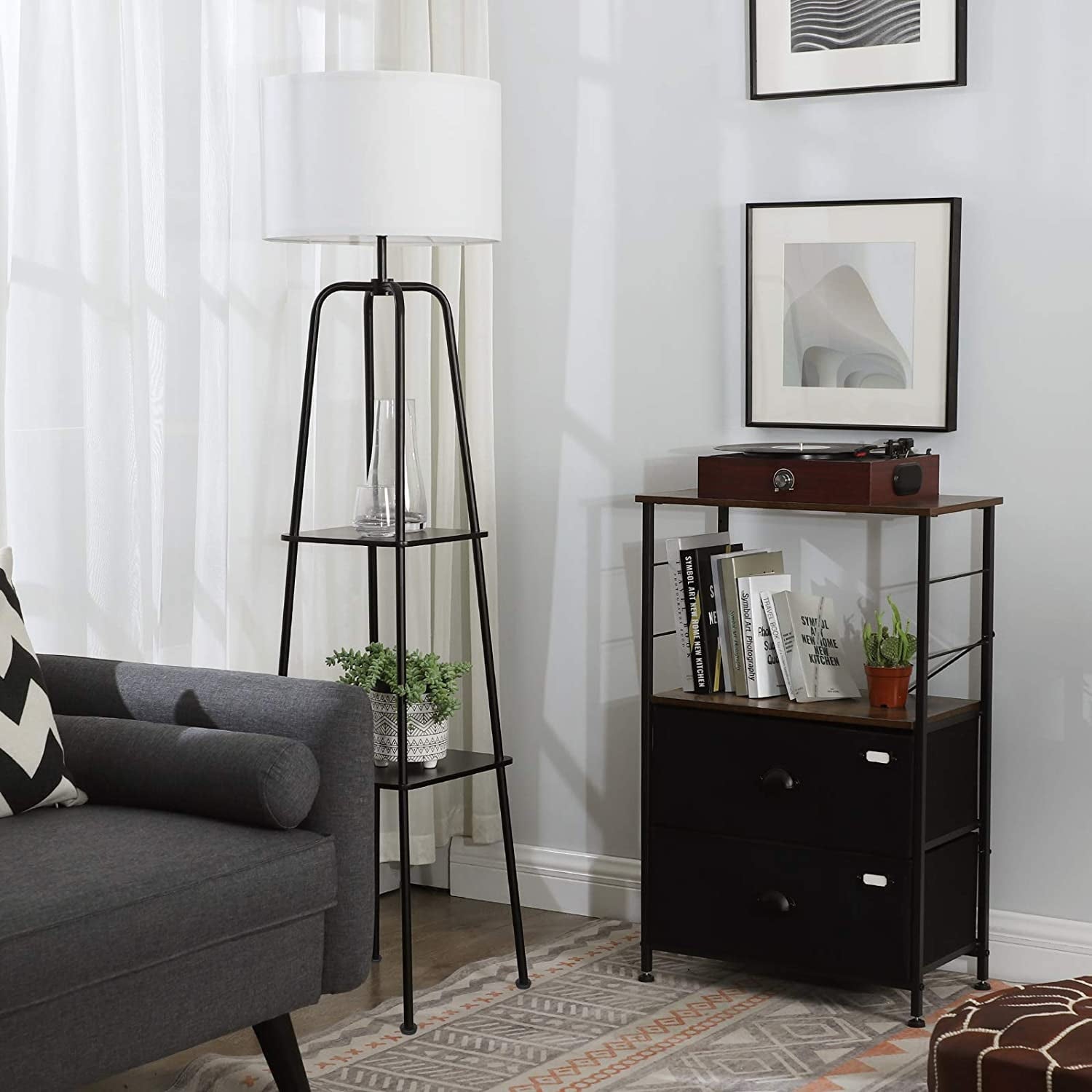 60 inch Black Floor Lamp with Shelves， Wood 2-Tier Shelf Standing Storage Lamp - Mycitystee
