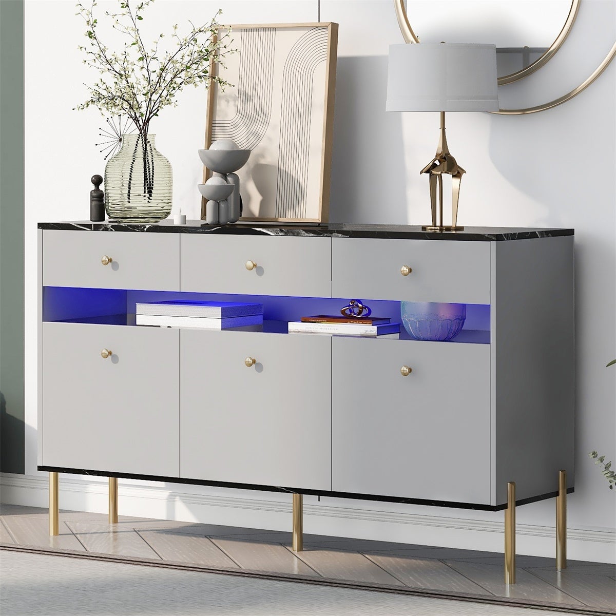 Merax Modern Dresser with LED Lights and Marble Top Panel - - 37092056 - Mycitystee