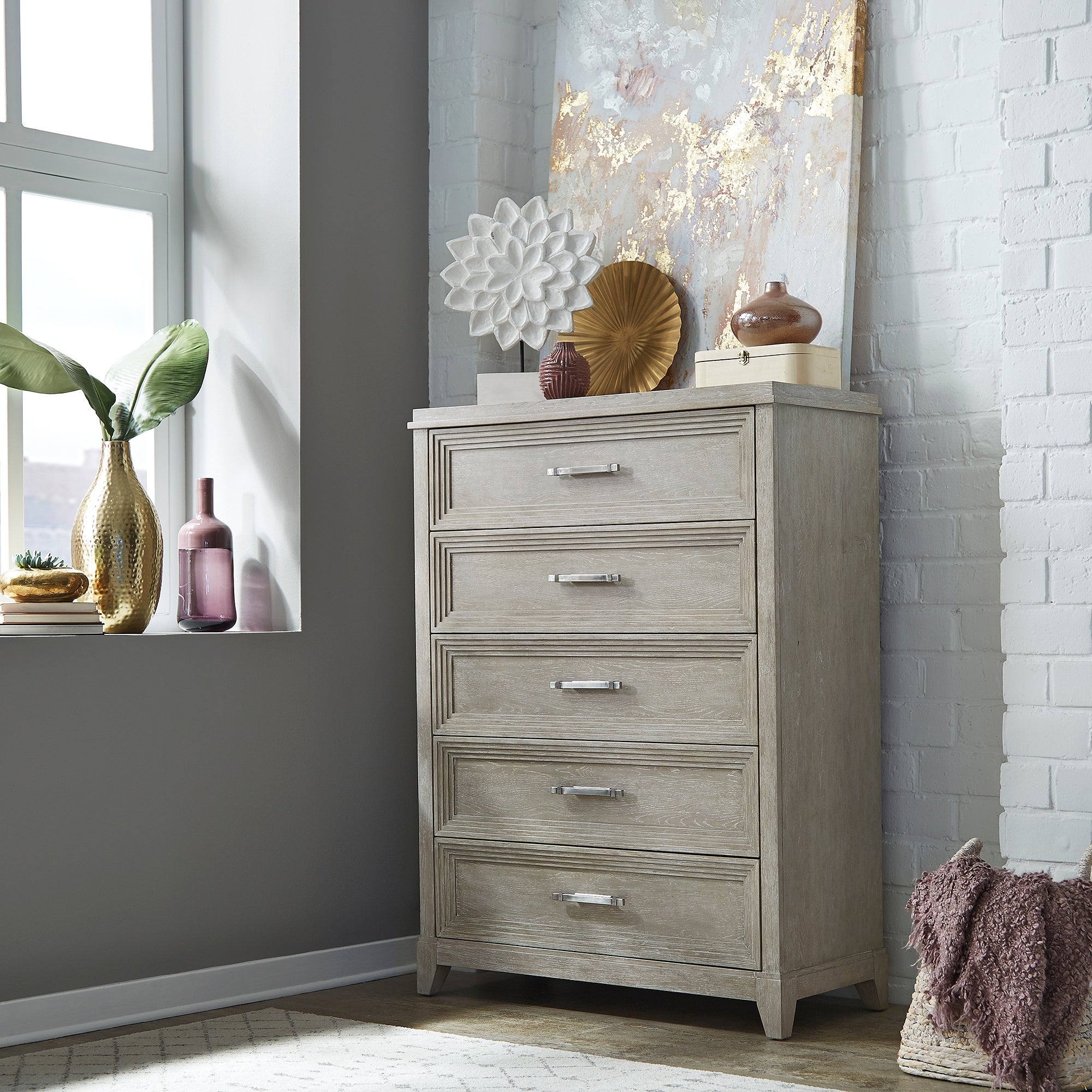 Belmar Washed Taupe and Silver Champagne 5 Drawer Chest - - 36107972 - Mycitystee