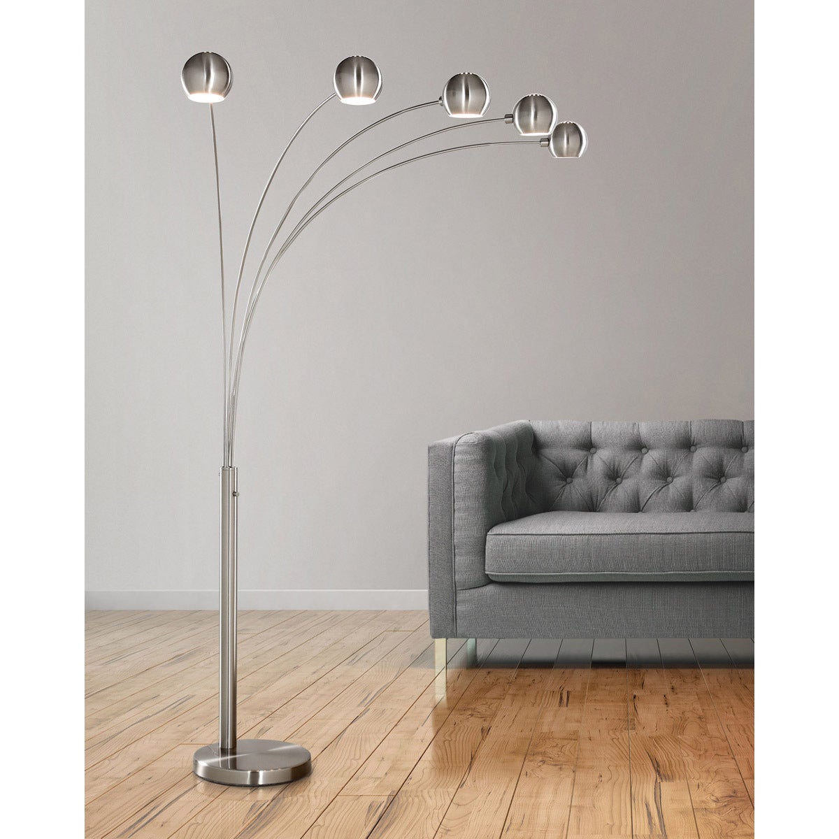 ORBS 5 Lite Dimmable Arch Floor Lamp - Brushed Nickel - Mycitystee