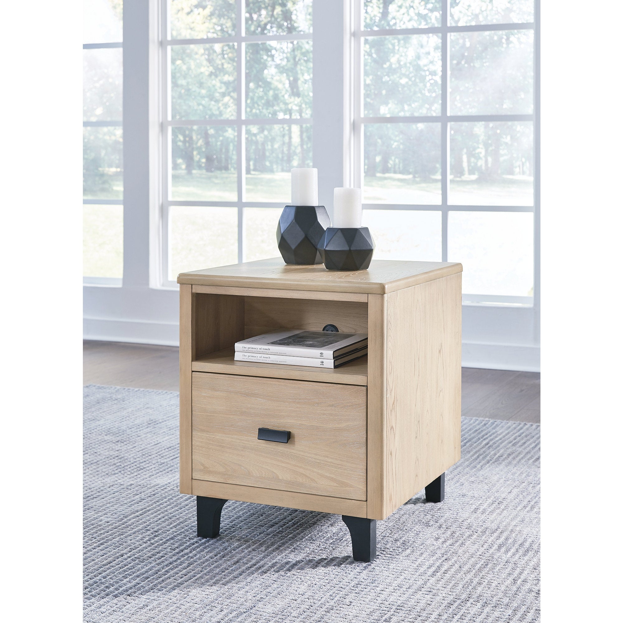 Signature Design by Ashley Freslowe Light Brown/Black Rectangular End Table with Dual USB Charging Port - Mycitystee
