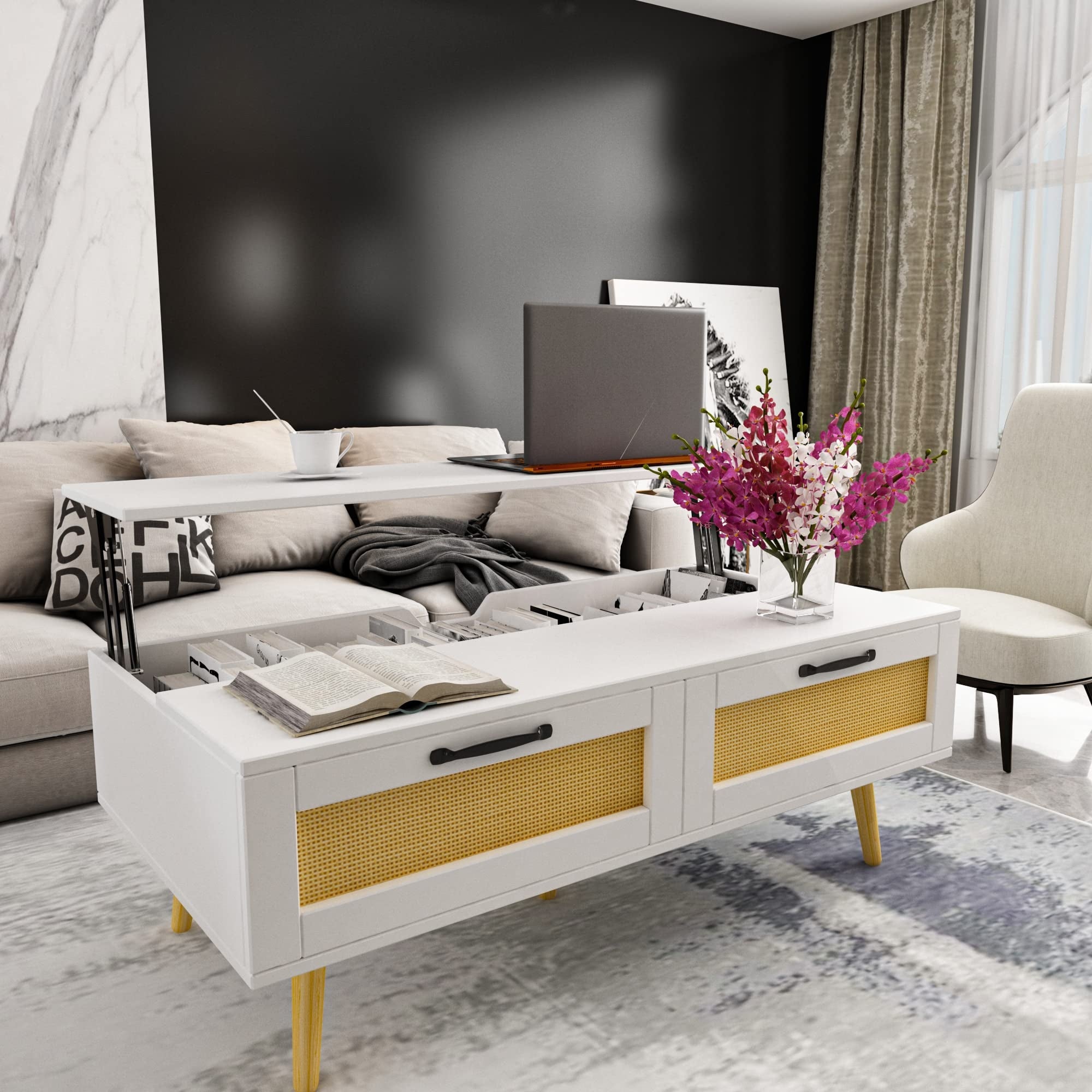 Lift Top Coffee Table with Hidden Storage and Drawers， Rustic Rattan Farmhouse Style for Living Room - as picture - Mycitystee