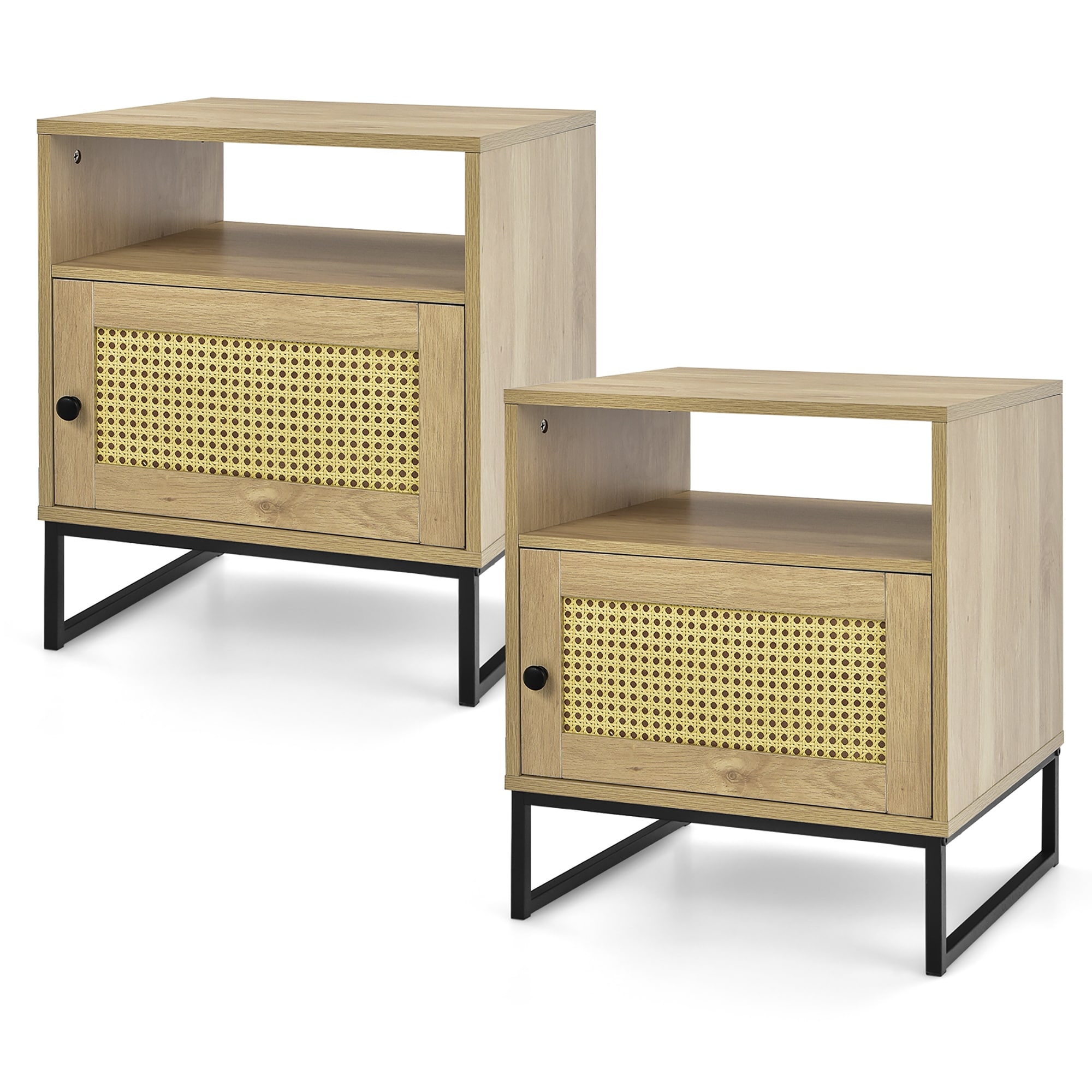 2 PCS Rattan End Table Sofa Side Table Nightstand with Cabinet Shelf - Mycitystee