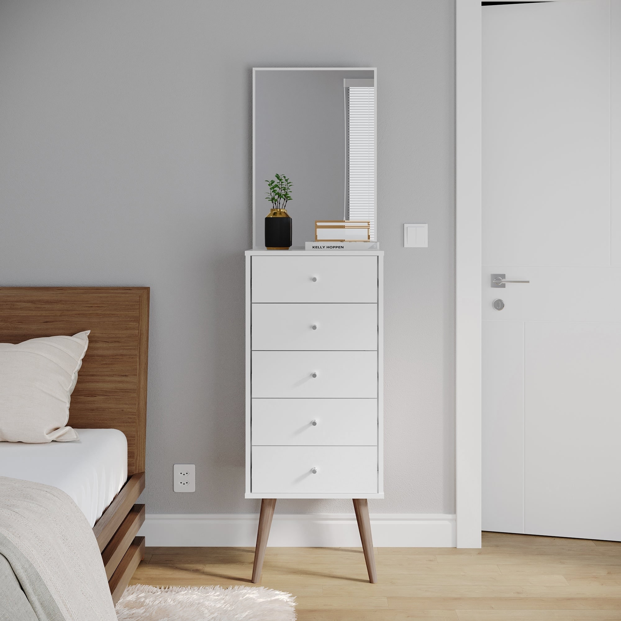 Boahaus Irene Modern 5 Drawer Dresser， White， with Mirror - - 36132577 - Mycitystee
