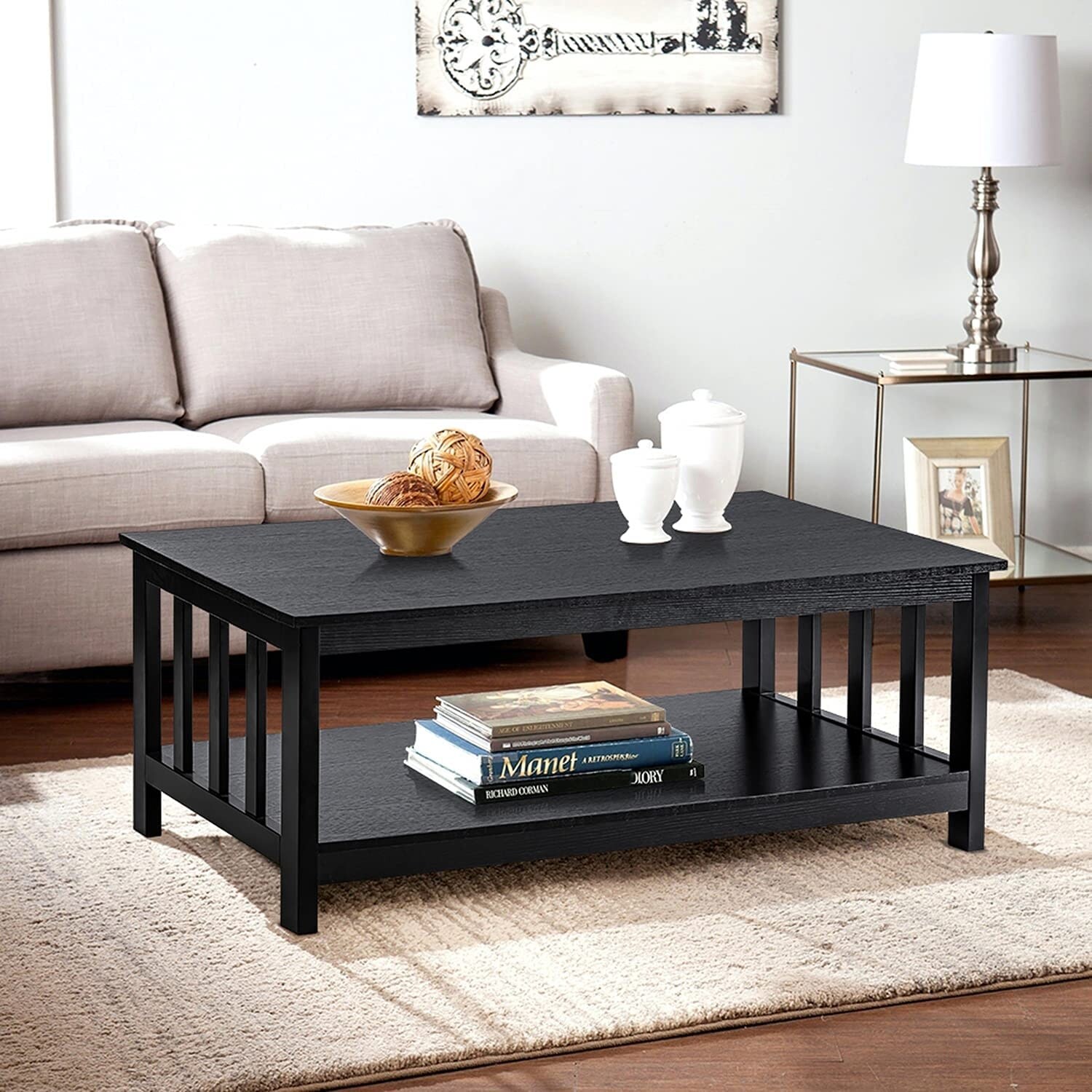 Coffee Table， Black Wood Living Room Table with Shelf， 40 Black - Mycitystee