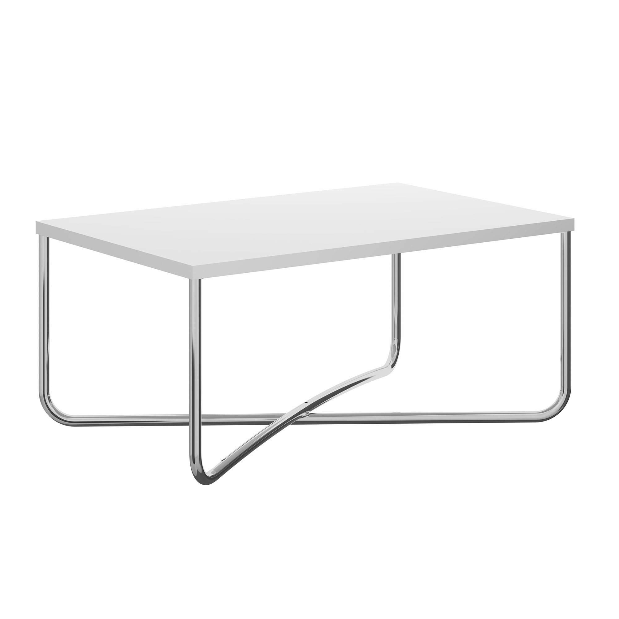 35 Inch Modern Coffee Table with Rectangular Top and Steel Cross Base for iving Room， Home， Office， White， Chrome - Mycitystee
