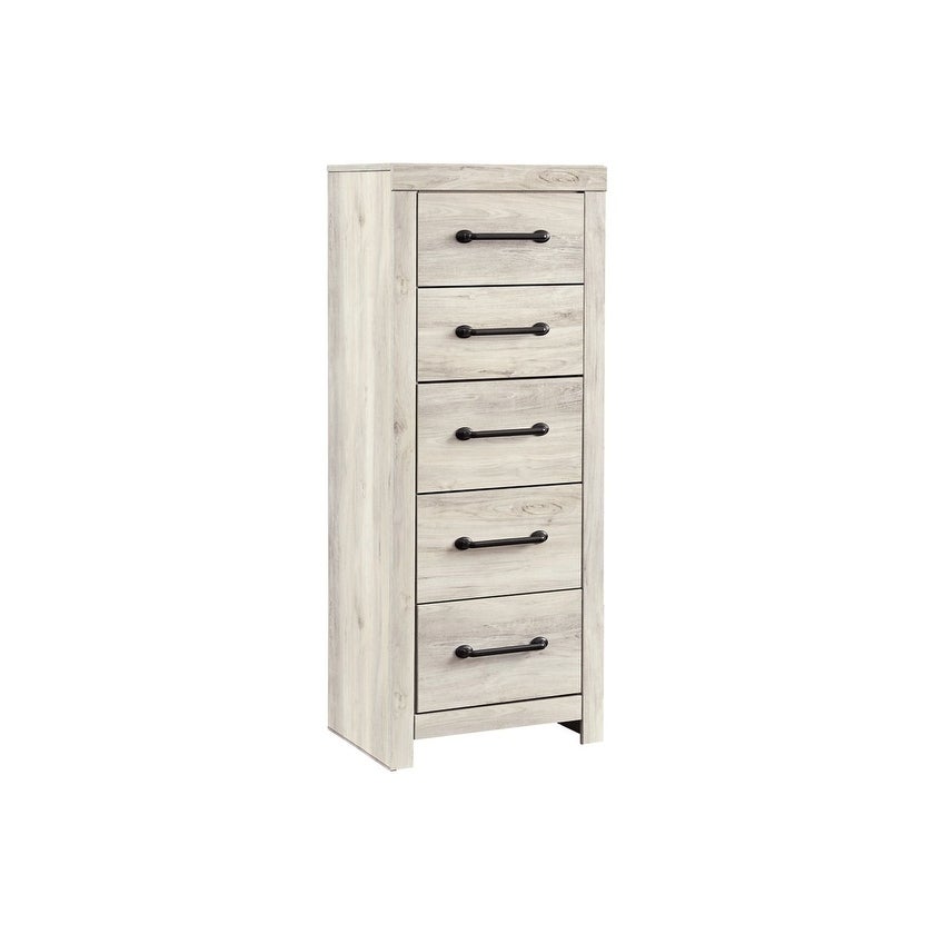 Grained 5 Drawer Wooden Chest with Bar Pull Handles， Distressed White - - 30977714 - Mycitystee
