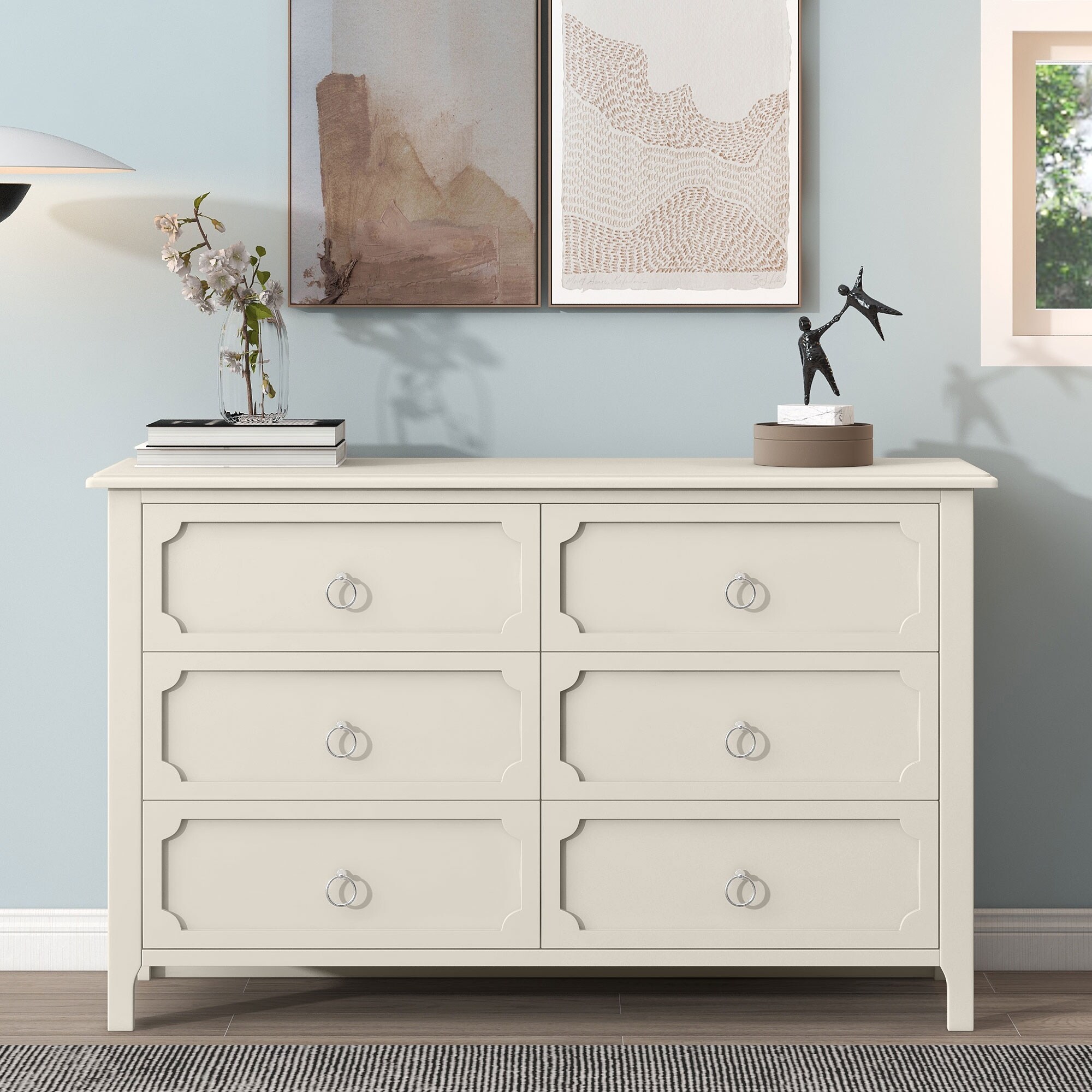 Rubber Wooden Dresser Six Large Drawers Silver Metal Handles - - 37857283 - Mycitystee